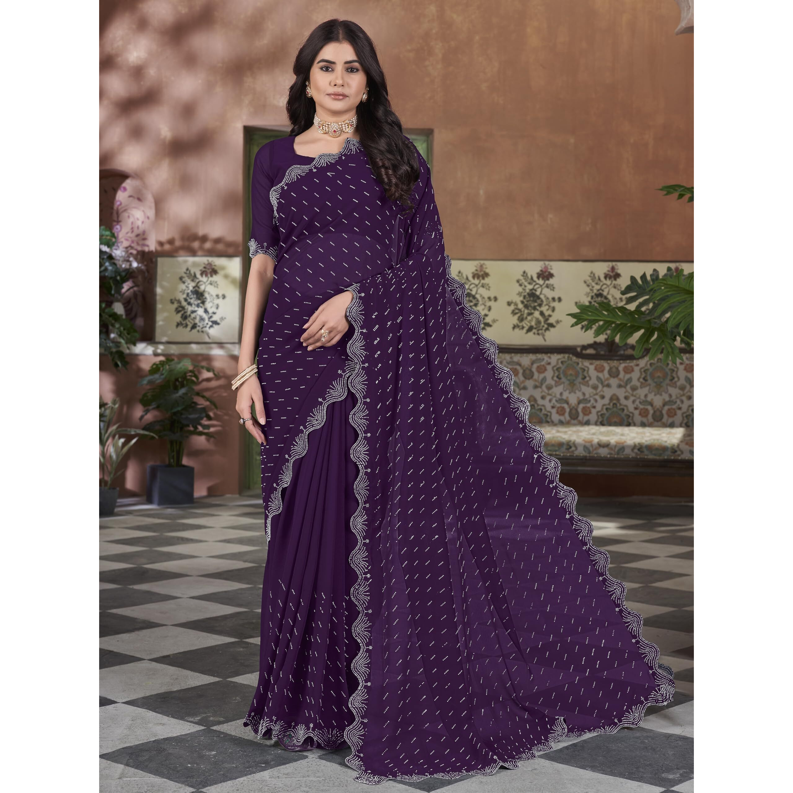 Glory Sarees Women's Georgette Swarovski Saree With Blouse Piece (Swarovskisarees_Wine)