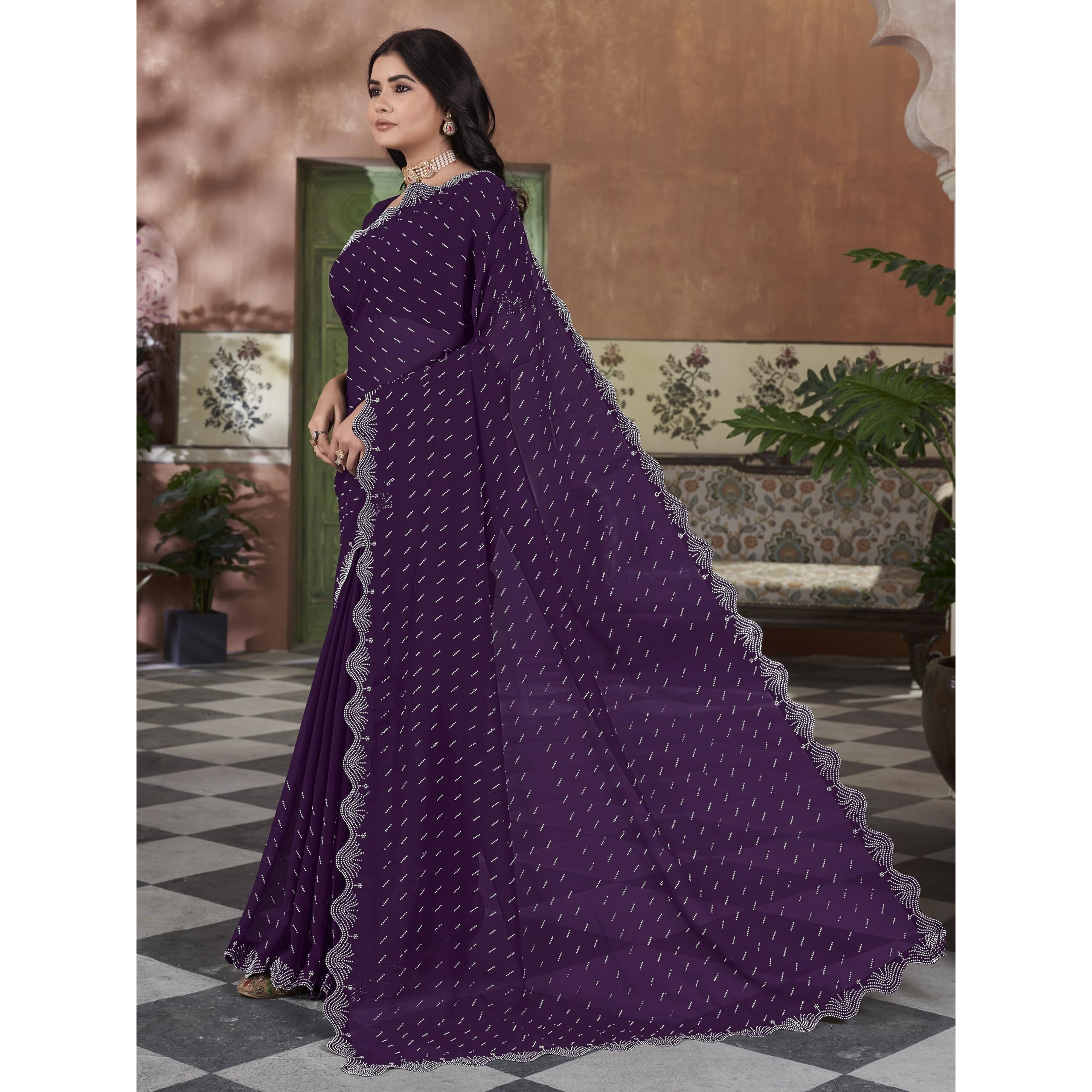 Glory Sarees Women's Georgette Swarovski Saree With Blouse Piece (Swarovskisarees_Wine)