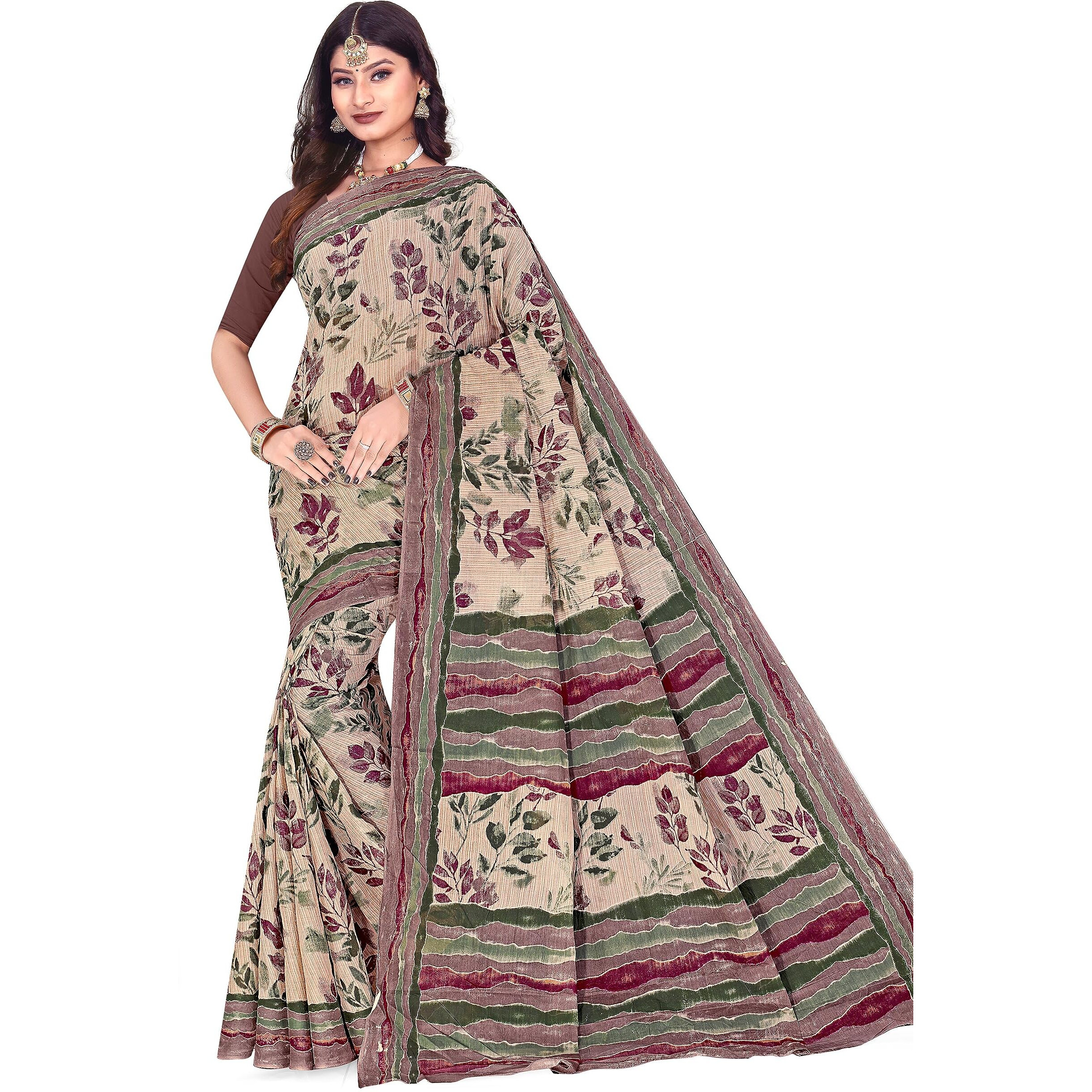 Tamaira Fashion Women's Hand Painted Pure Cotton Saree Without Blouse Piece(11200_Beige&Sagegreen)