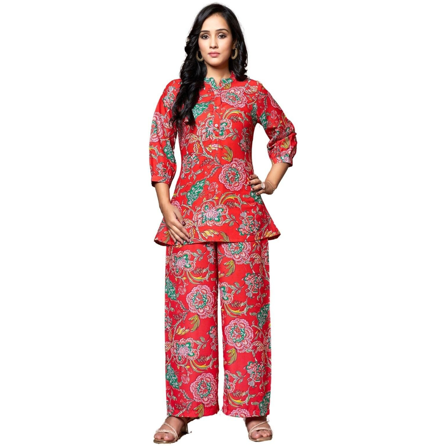 Greciilooks Women Rayon Blend Floral Ethnic Wear Formal Kurta Co-Ord Set (Gl-W1862&Tr913-M-Red Red)