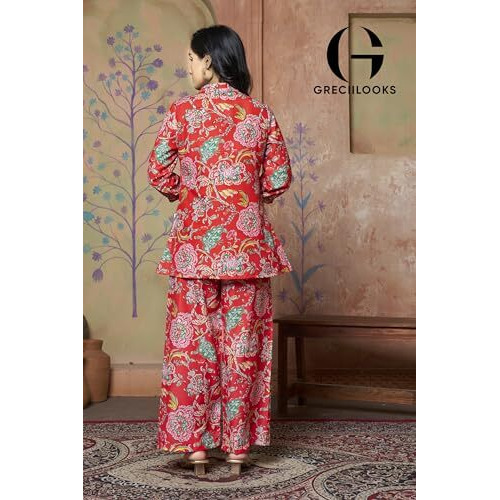 Greciilooks Women Rayon Blend Floral Ethnic Wear Formal Kurta Co-Ord Set (Gl-W1862&Tr913-M-Red Red)