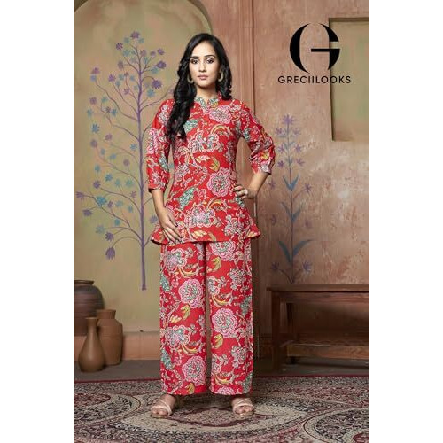 Greciilooks Women Rayon Blend Floral Ethnic Wear Formal Kurta Co-Ord Set (Gl-W1862&Tr913-M-Red Red)