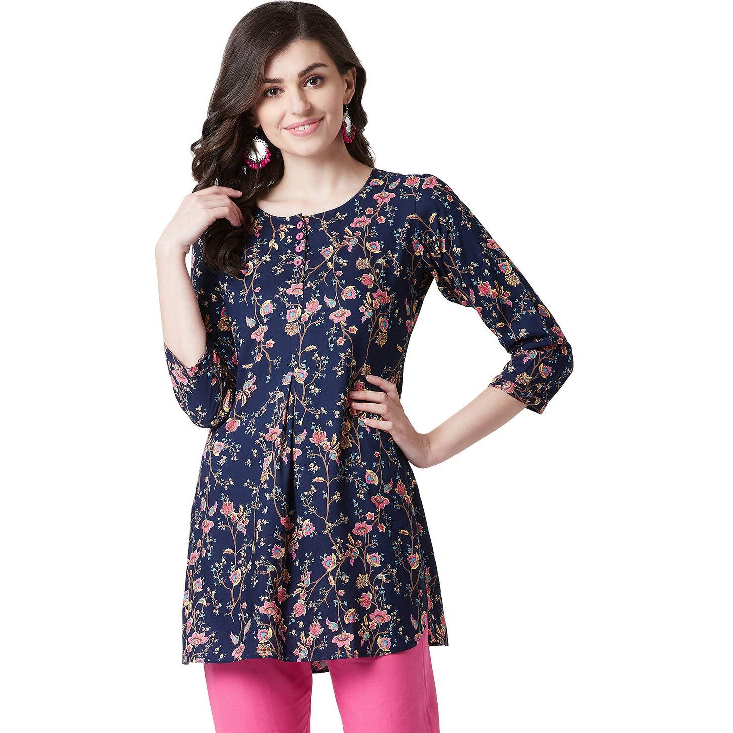 Tissu Women's Navy Blue & Pink Floral Printed Kurti 2019_Dark Blue_S