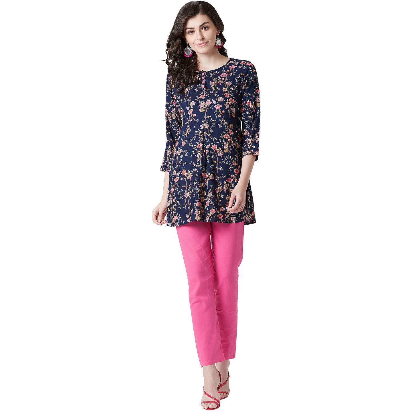 Tissu Women's Navy Blue & Pink Floral Printed Kurti 2019_Dark Blue_S