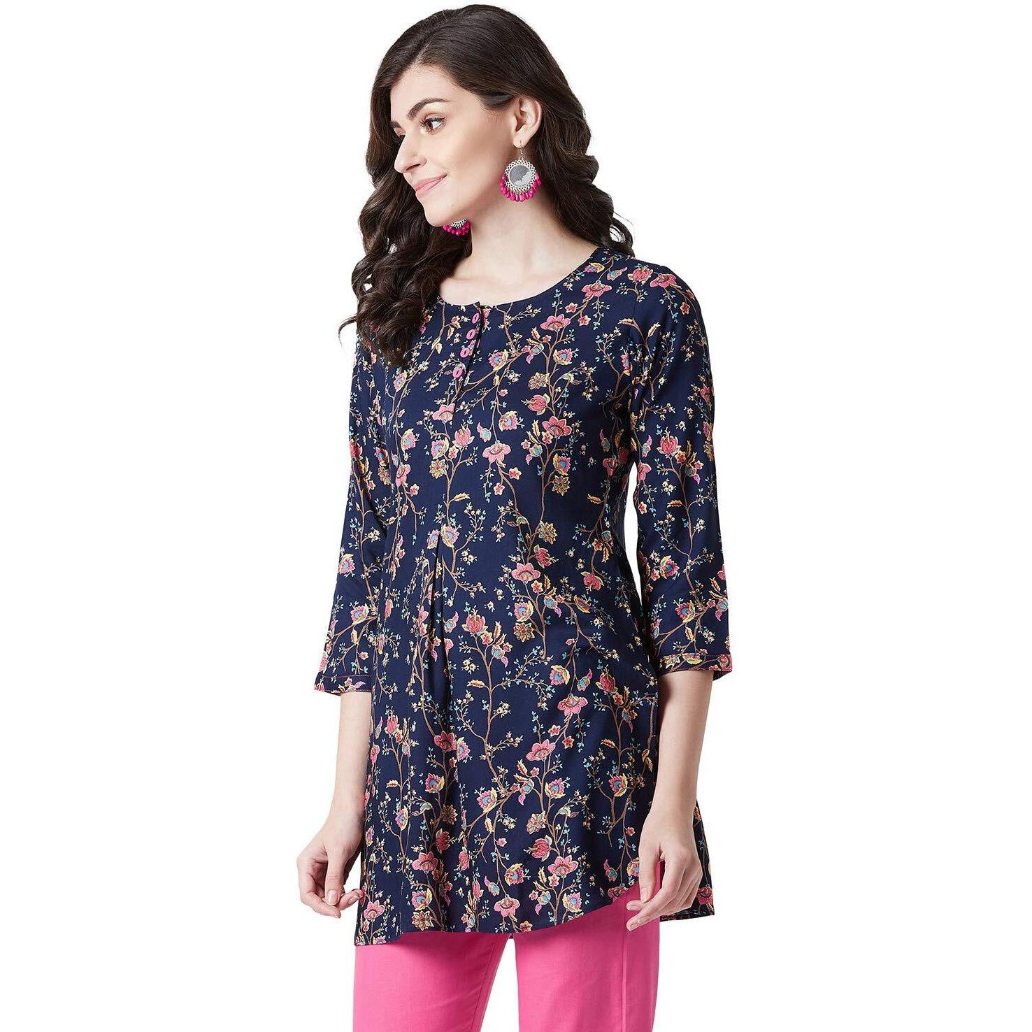 Tissu Women's Navy Blue & Pink Floral Printed Kurti 2019_Dark Blue_S