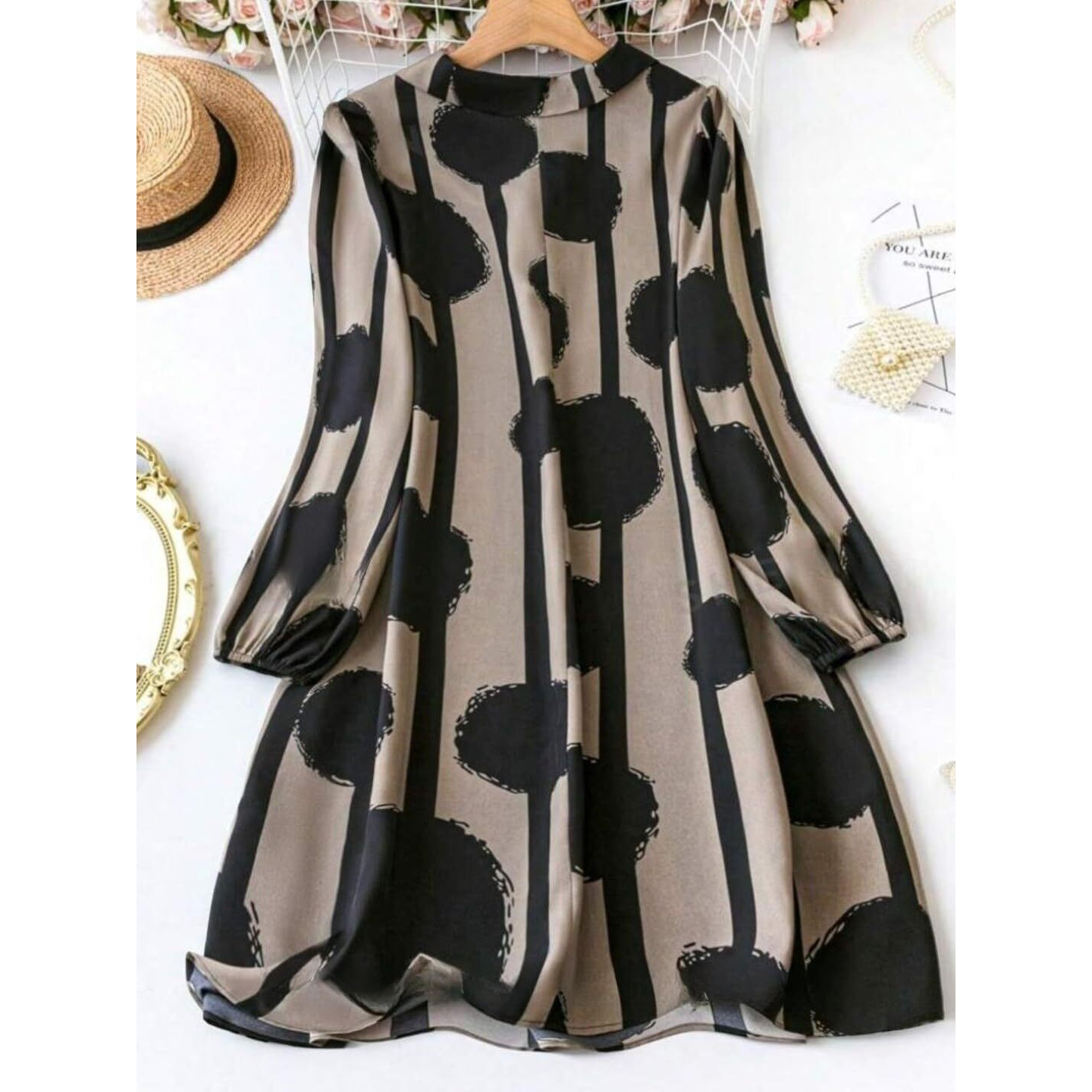 Gufrina Women's Full Sleeve Collar Neck Dress - Elegant Button-Down Midi Dress With Abstract Print (Black L)