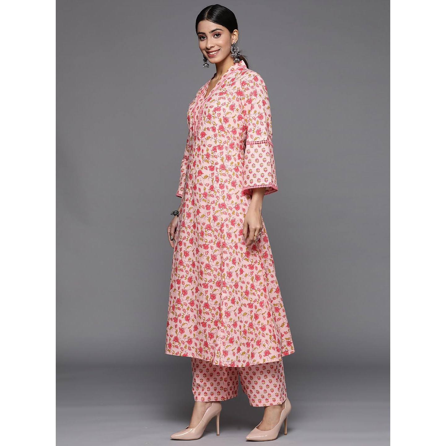 Varanga Women Peach Printed V Neck Collar Kurta With Tonal Dupatta And Bottom, Three-Quarter Sleeves, Lace Detail