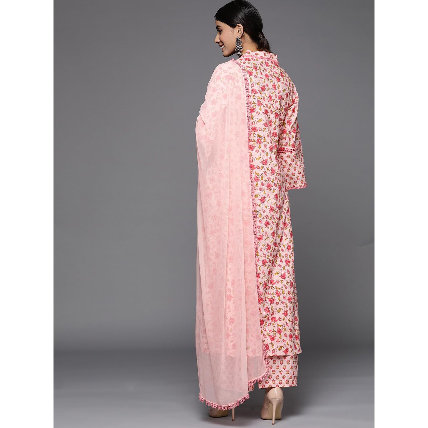 Varanga Women Peach Printed V Neck Collar Kurta With Tonal Dupatta And Bottom, Three-Quarter Sleeves, Lace Detail