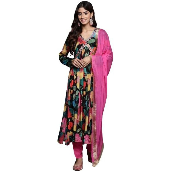 Varanga Women Blue Floral Printed Pure Silk Chinon Embroidered V-Neck Aliya Cut Kurta Paired With Tonal Bottom And Dupatta