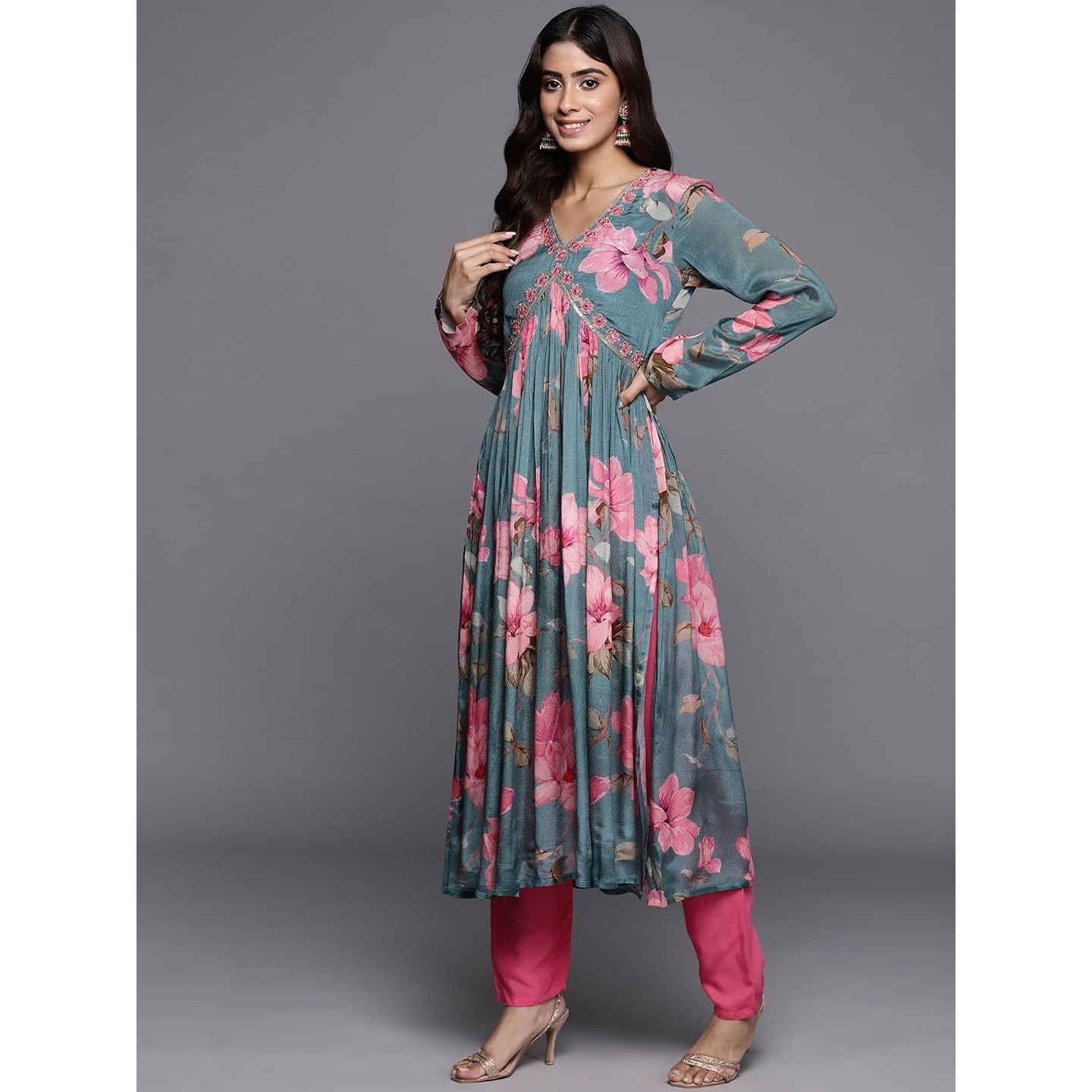 Varanga Women Blue Floral Printed Pure Silk Chinon Embroidered V-Neck Aliya Cut Kurta Paired With Tonal Bottom And Dupatta