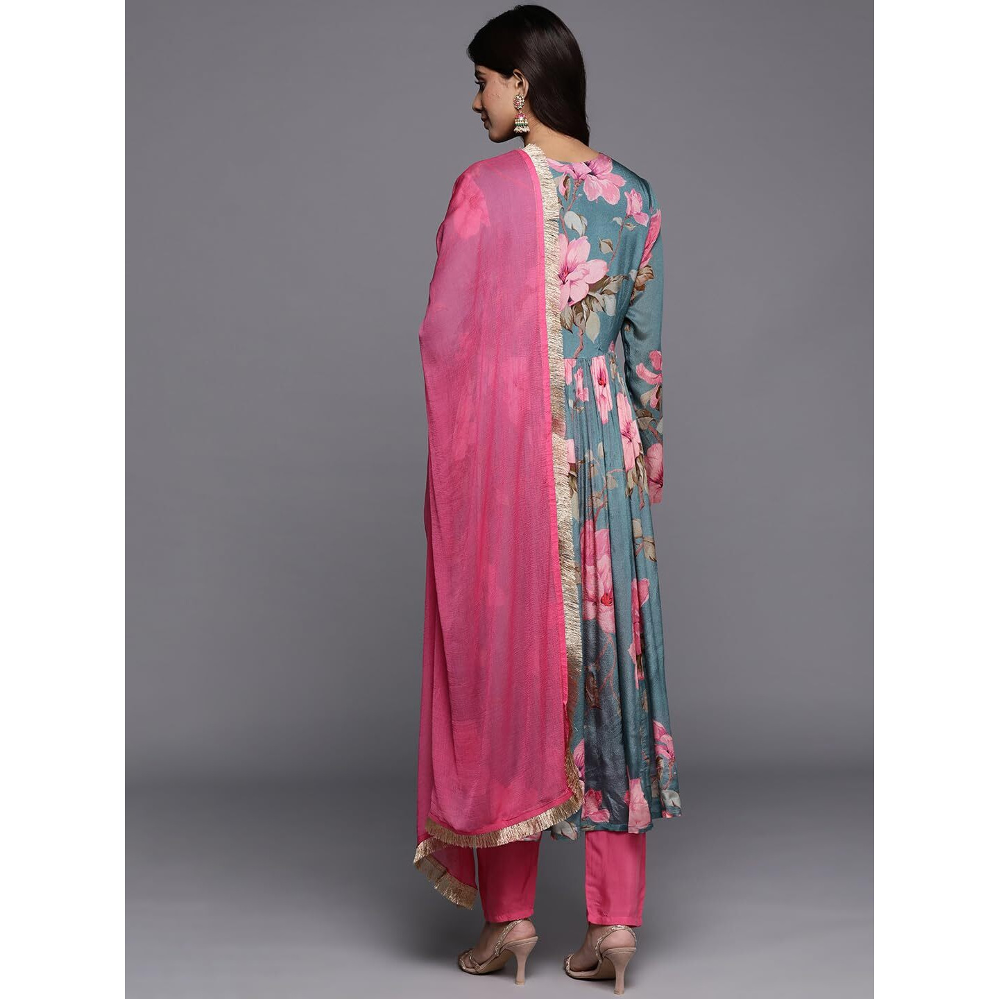 Varanga Women Blue Floral Printed Pure Silk Chinon Embroidered V-Neck Aliya Cut Kurta Paired With Tonal Bottom And Dupatta