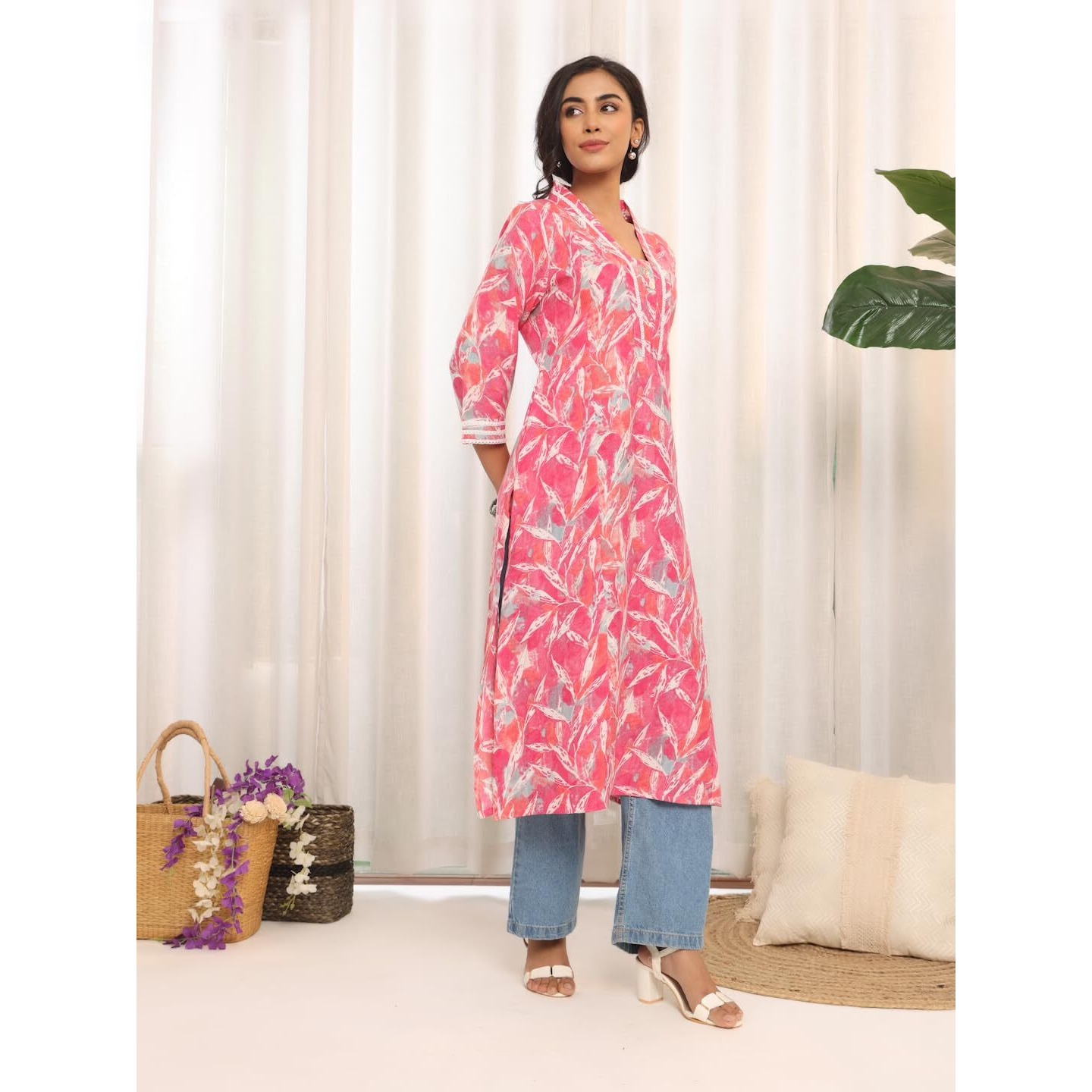 Varanga Women V-Neck Tropical Printed Kurta  Stylish, Comfortable, And Perfect For Relaxed And Casual Looks Pink