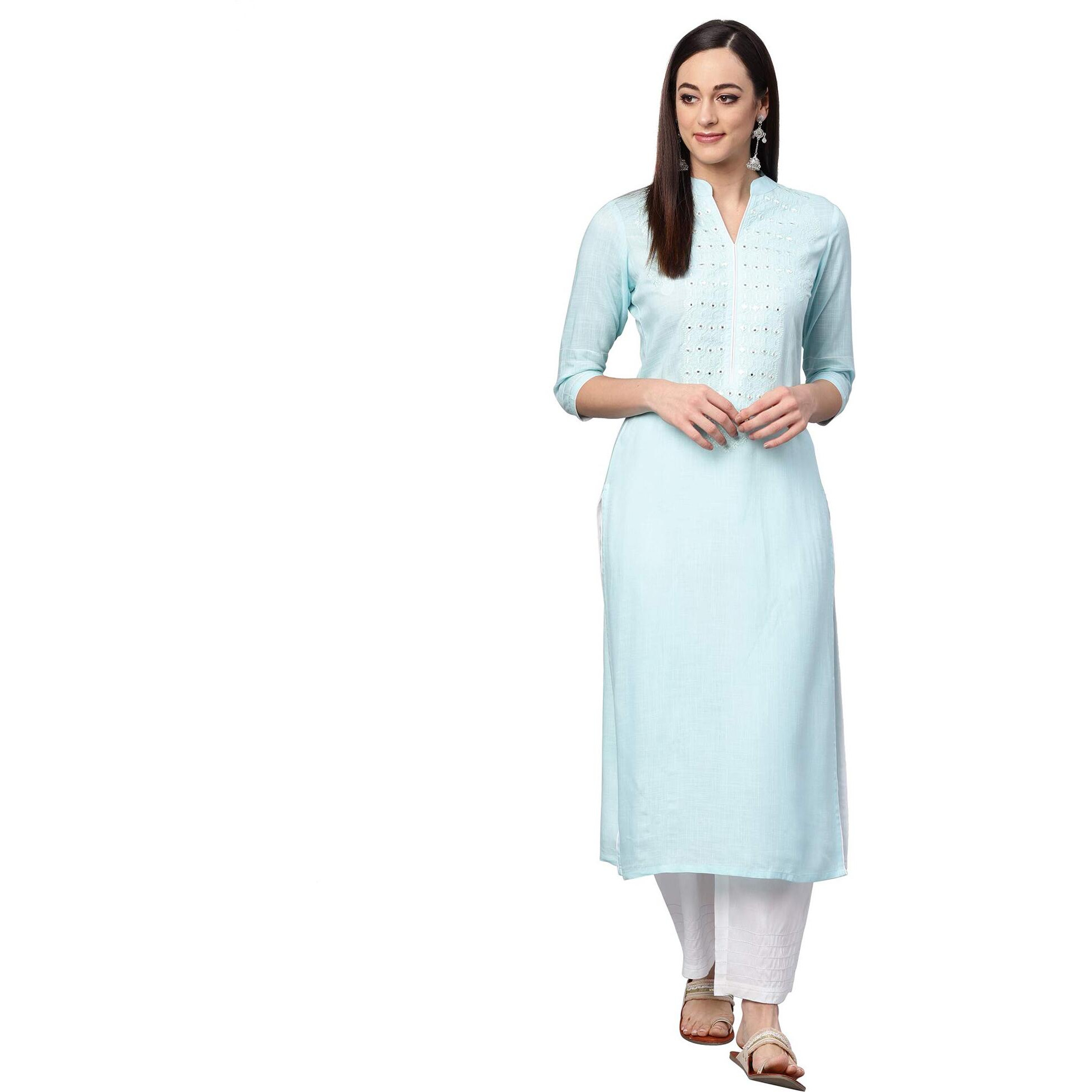 Idalia Sky Blue Embroidered Kurta With White Palazzo Pants