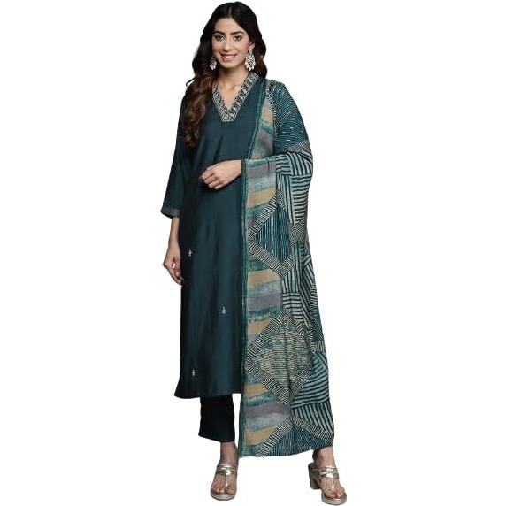 Varanga Women Blue Beads And Stones Embellished Kurta With Bottom And Dupatta