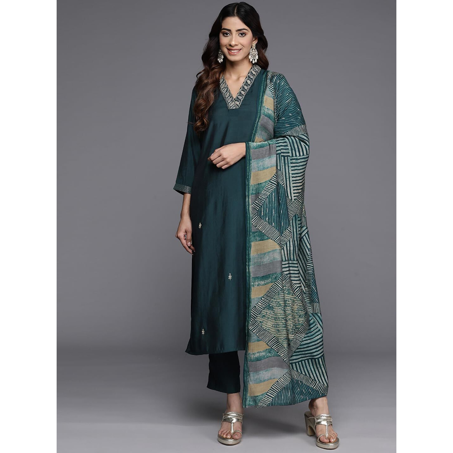 Varanga Women Blue Beads And Stones Embellished Kurta With Bottom And Dupatta