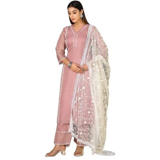 Varanga Women Mauve Kota Check Cotton Lace Kurta With Bottom And Dupatta