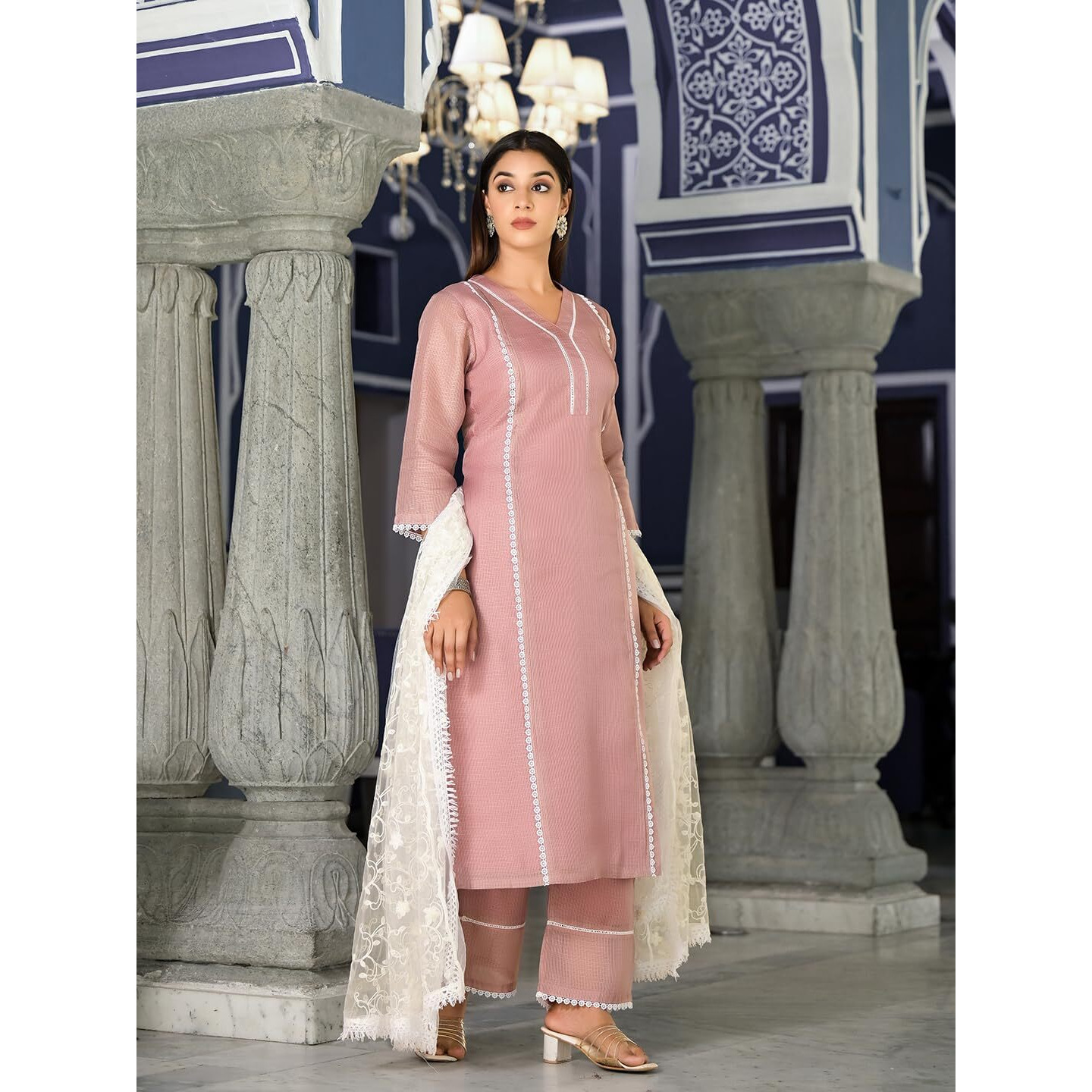 Varanga Women Mauve Kota Check Cotton Lace Kurta With Bottom And Dupatta