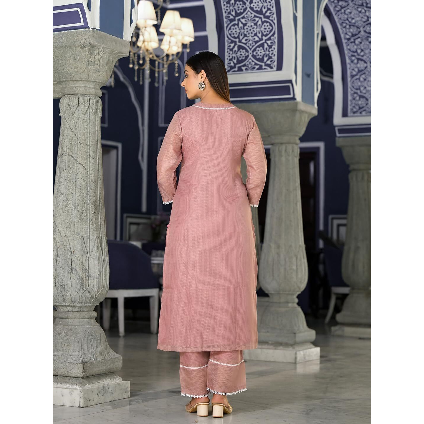 Varanga Women Mauve Kota Check Cotton Lace Kurta With Bottom And Dupatta