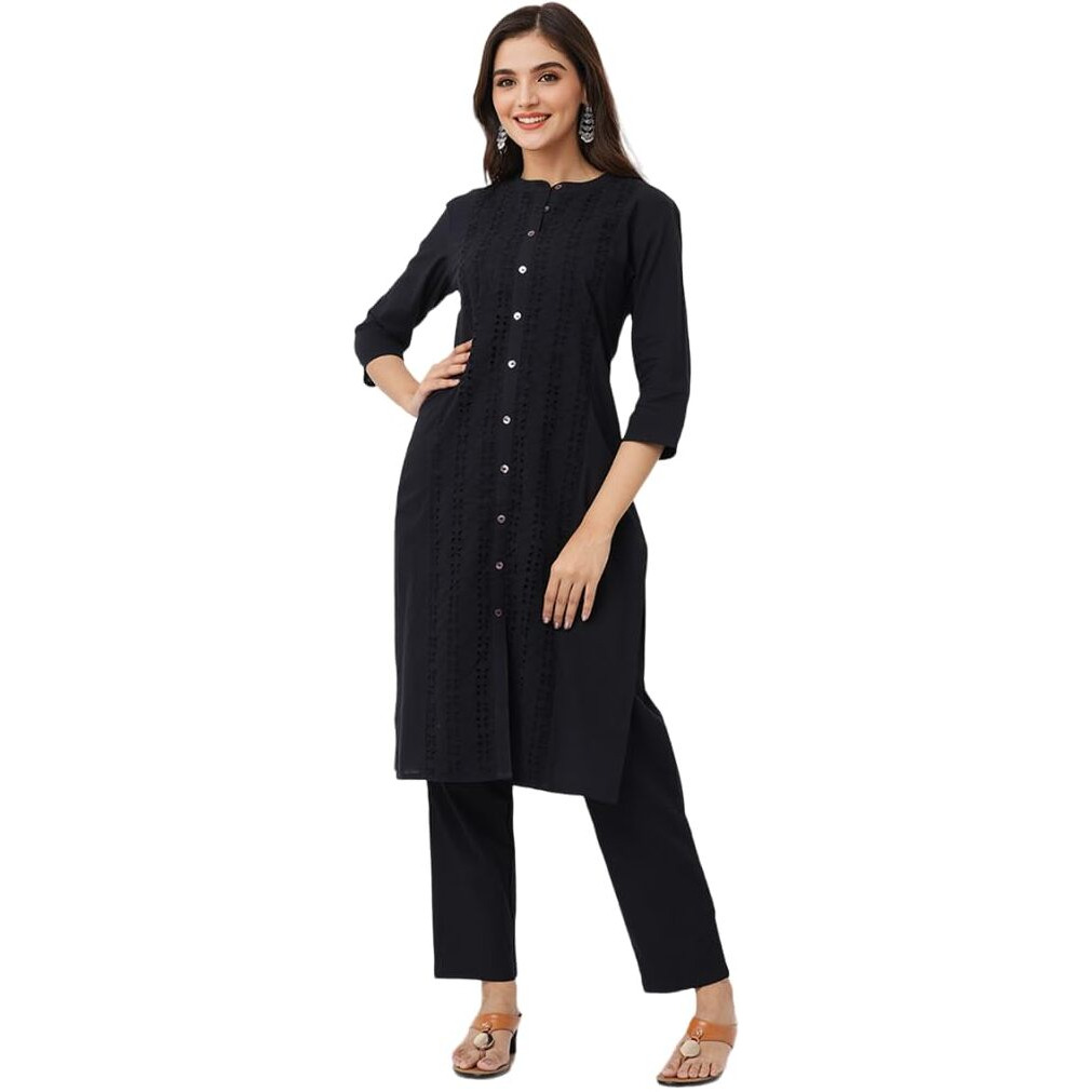Ishin Black Cotton Schiffli Straight Kurta With Solid Pants