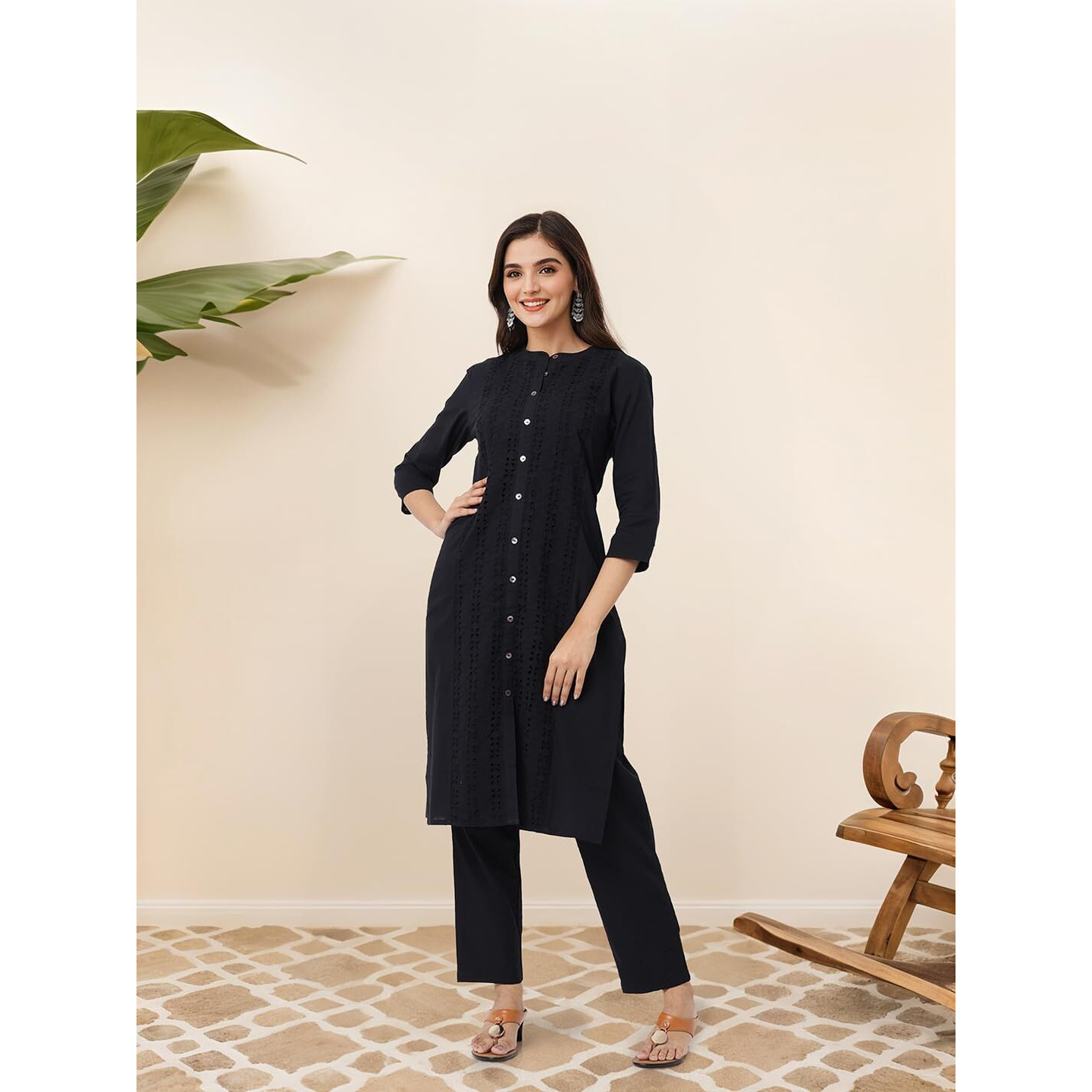 Ishin Black Cotton Schiffli Straight Kurta With Solid Pants