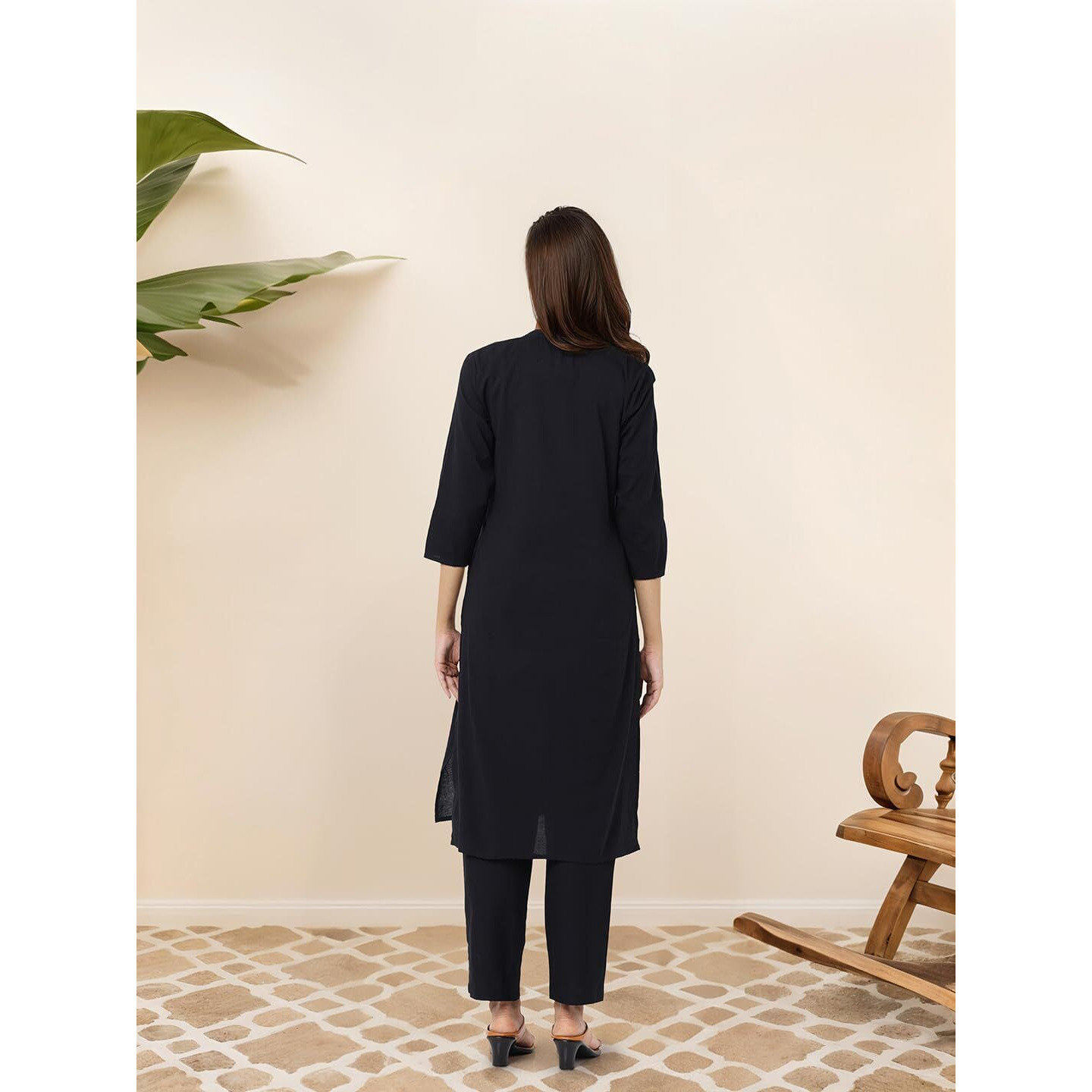 Ishin Black Cotton Schiffli Straight Kurta With Solid Pants