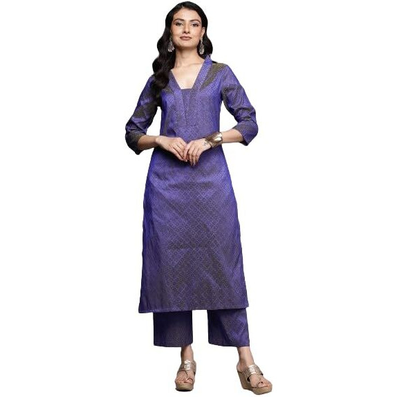 Varanga Women's Blue Jacquard V Neck Kurta With Bottom And Dupatta