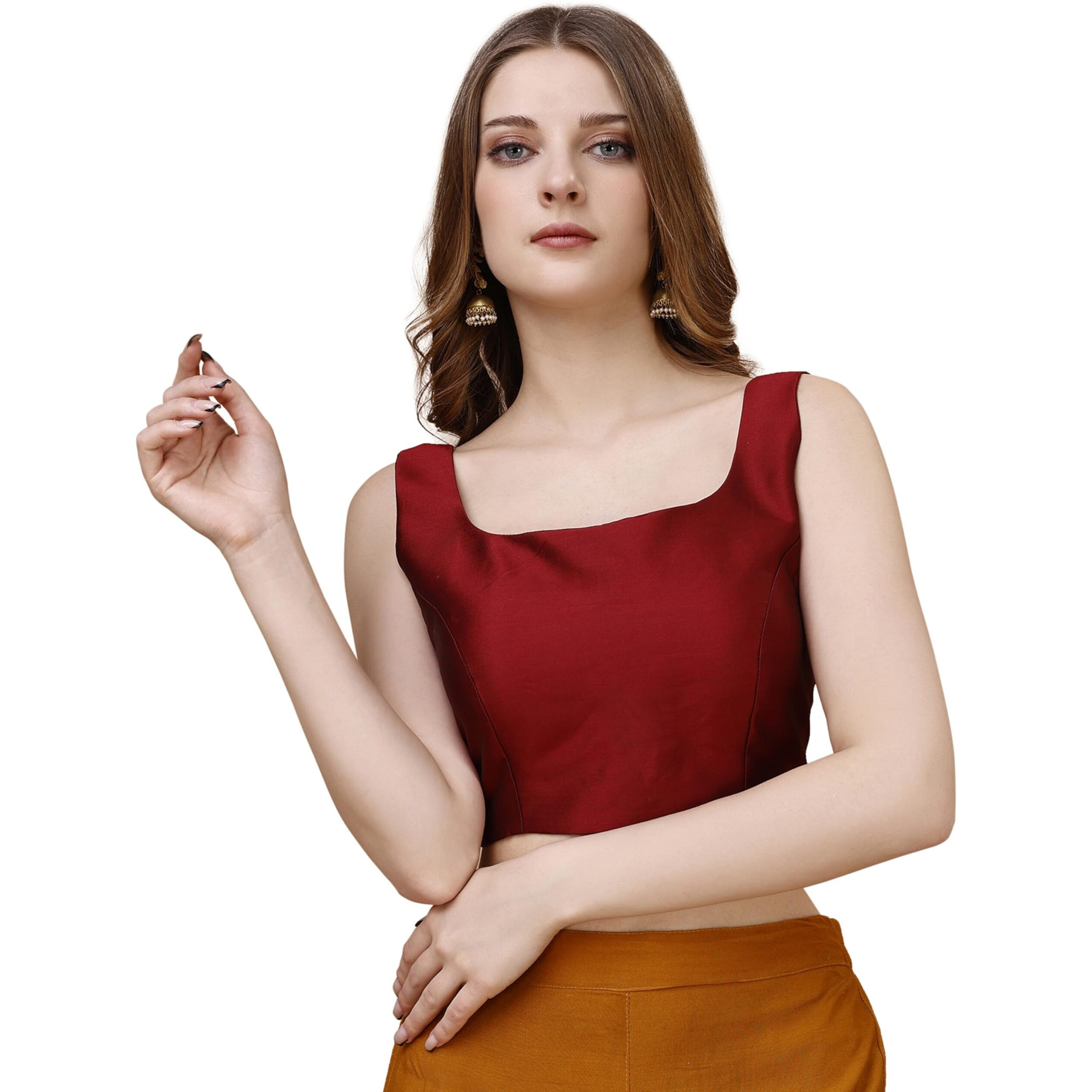 Womanista Women's Taffeta Solid Sleeveless Regular Fit Sequinned Blouse (Bl_44_Red L)