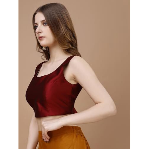 Womanista Women's Taffeta Solid Sleeveless Regular Fit Sequinned Blouse (Bl_44_Red L)