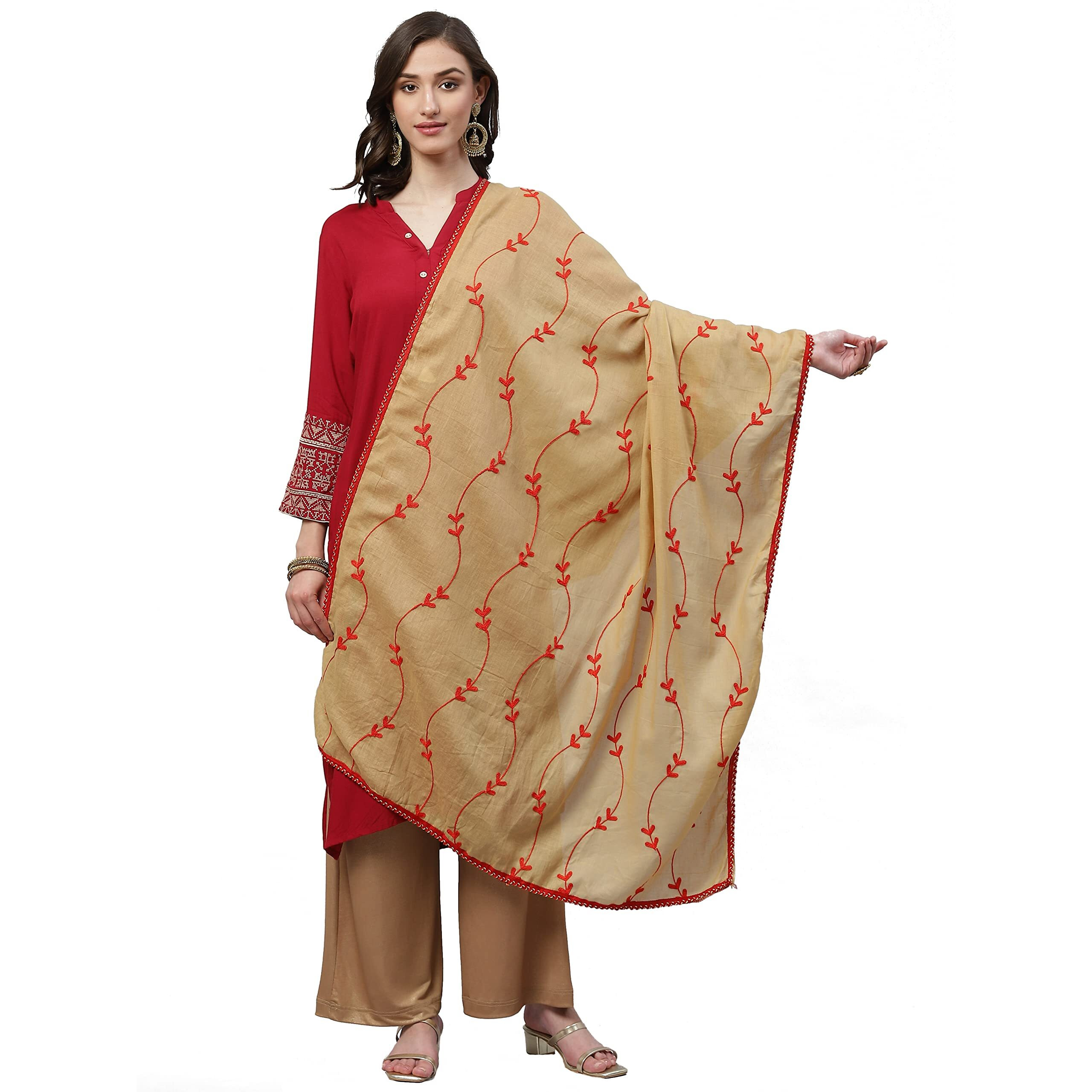 Weavers Villa Women's Floral Cotton Embroided Dupatta, Chunni (Beige), 2.25 Mtrs