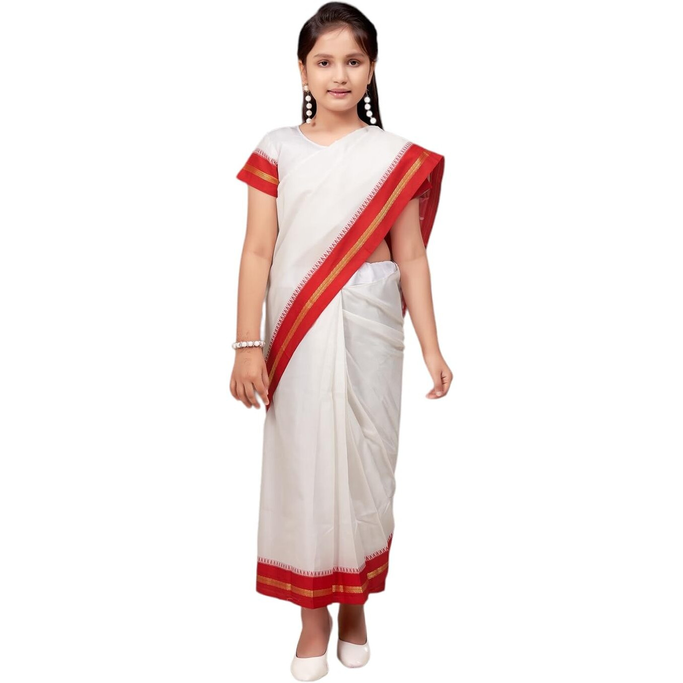Aarika Girls Ethnic Wear White Colour Bangoli Silk Saree (3-9 Years)