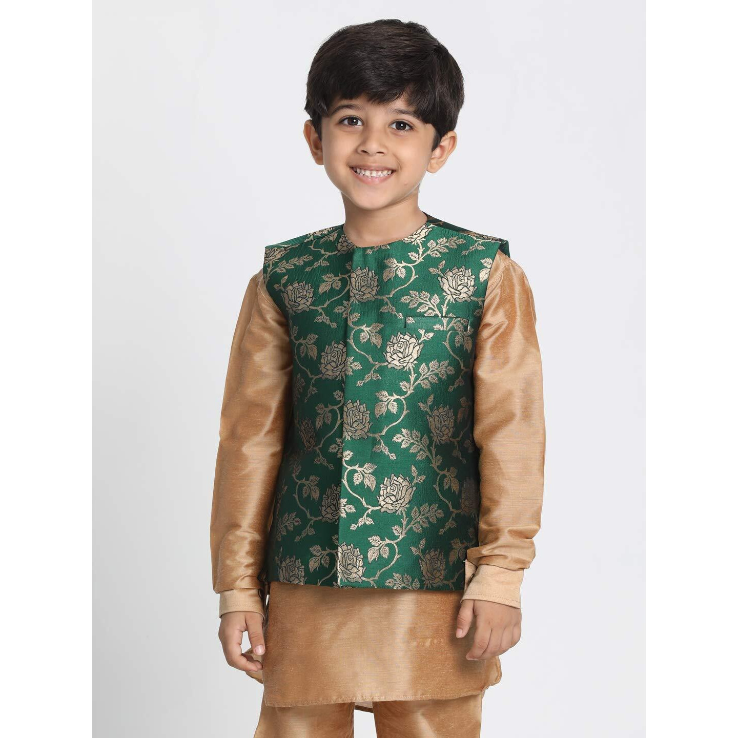 Jbn Creation Boys' Forest Green And Zari Gold Silk Blend Nehru Jacket_Jbnbj031Gn_20