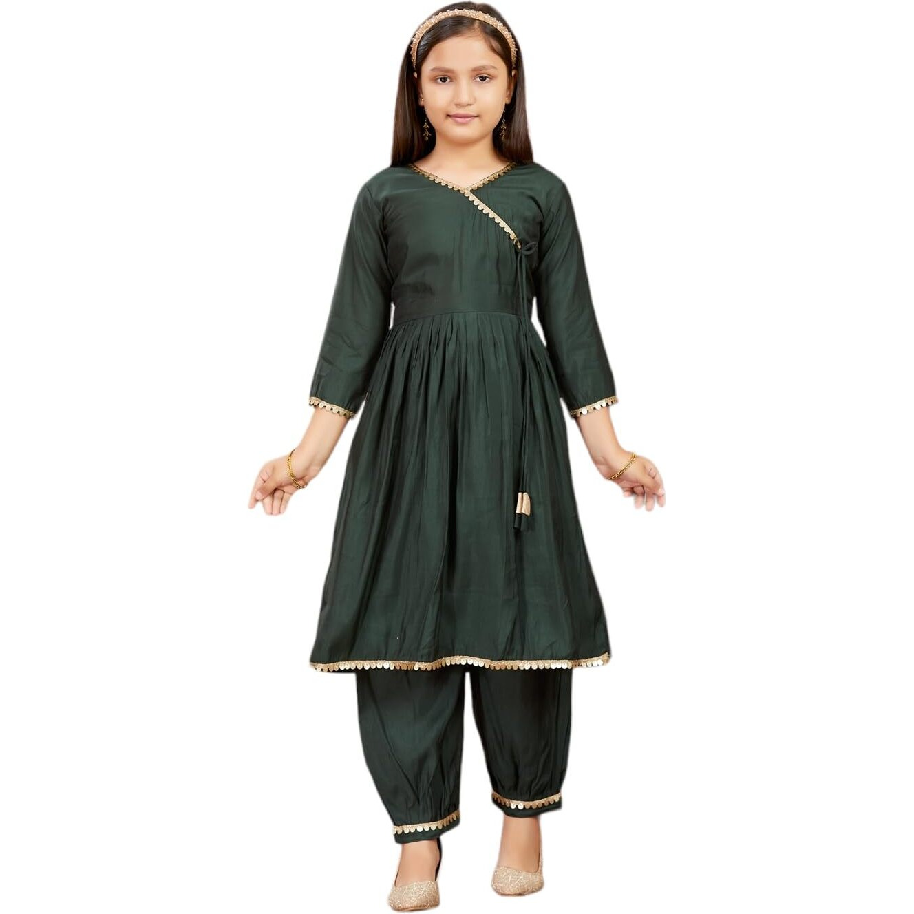Aarika Girls Ethnic Wear Dark Green Colour Solid Sequins Lace Work Silk Kurti Patiala Set (5-11 Years)
