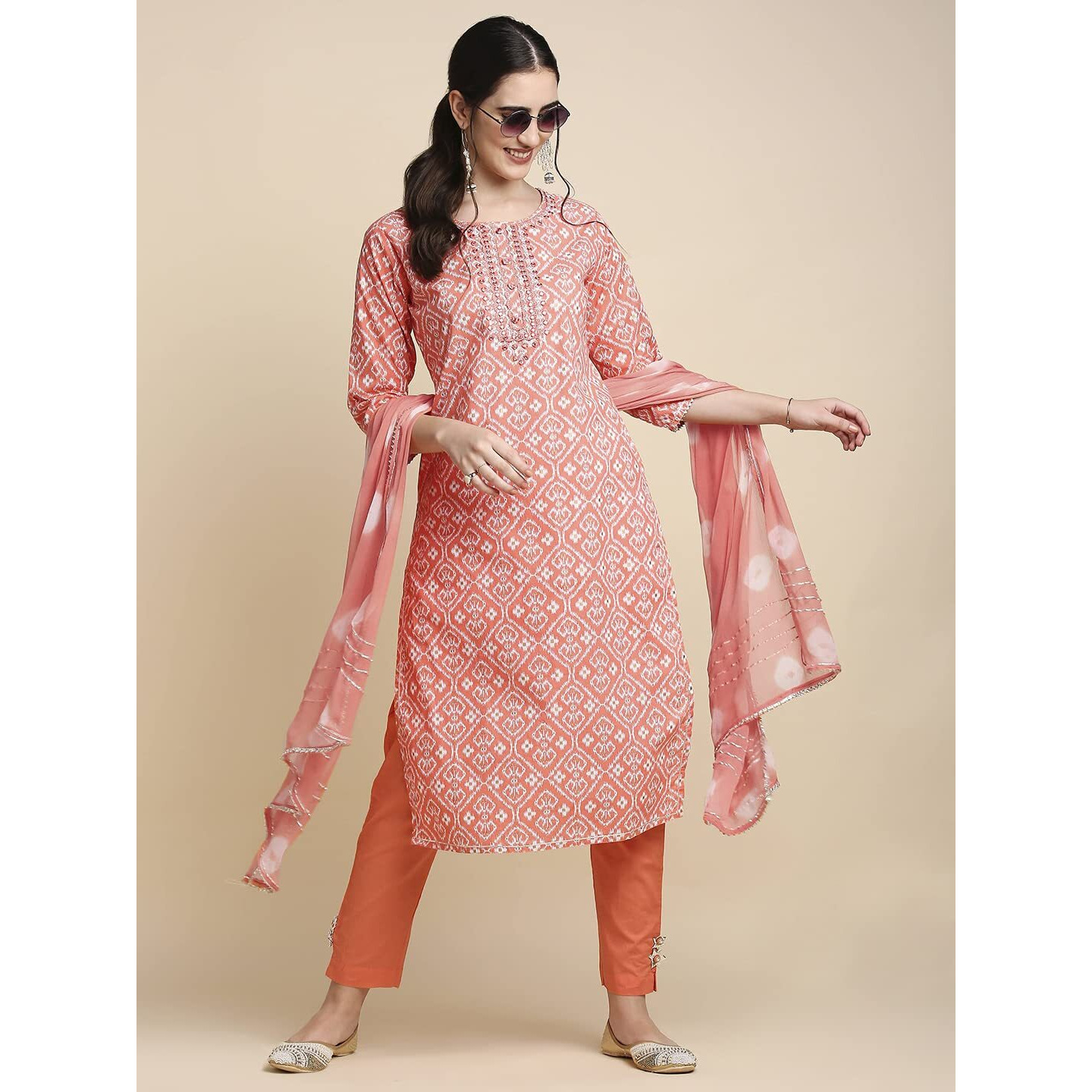 Anubhutee Women's Cotton Orange Ethnic Motifs Printed Straight Kurta Suit Set With Pants And Dupatta