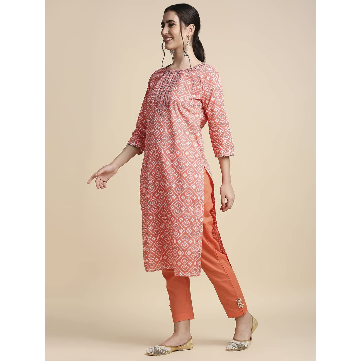 Anubhutee Women's Cotton Orange Ethnic Motifs Printed Straight Kurta Suit Set With Pants And Dupatta
