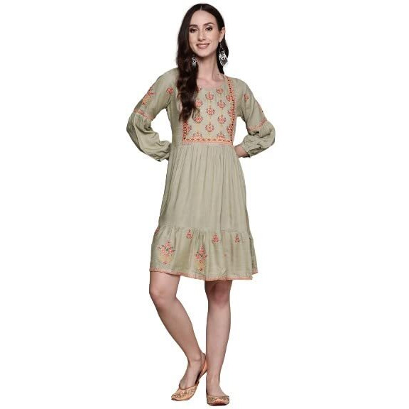 Anubhutee Women's Rayon Pastel Green Thread Work Embroidered A-Line Indo Western Dress