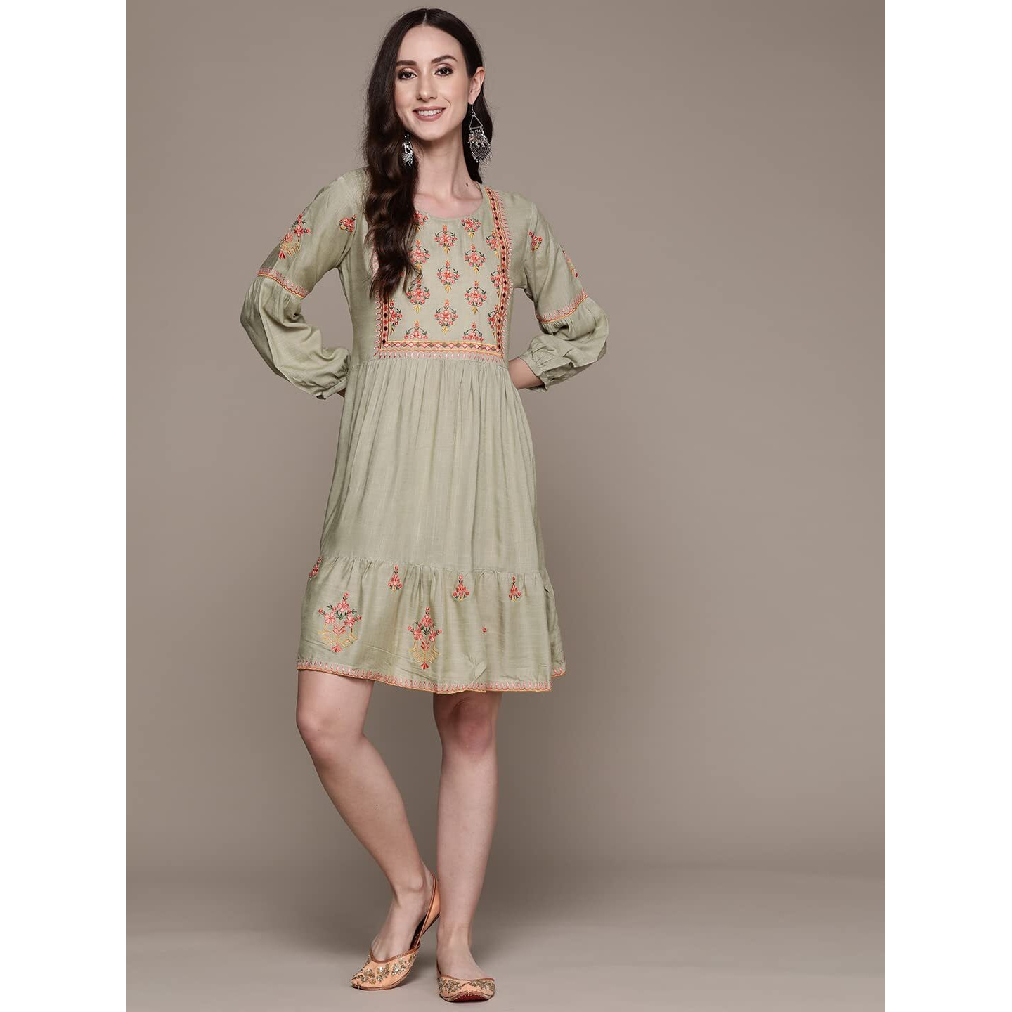 Anubhutee Women's Rayon Pastel Green Thread Work Embroidered A-Line Indo Western Dress