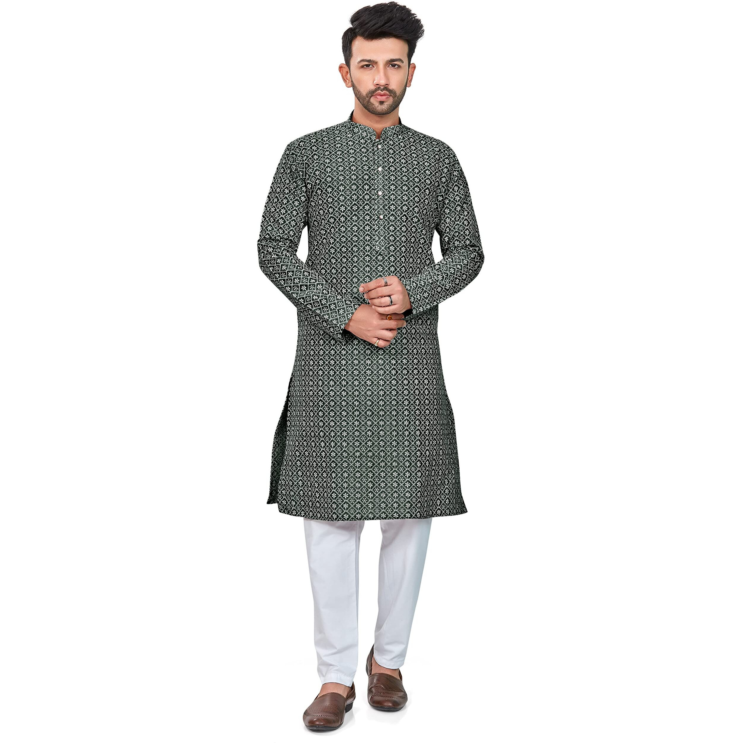 Be Active Geometric Regular Men's Pure Cotton Lucknowi Kurta Pyjama Set, Mehndi Green, Xl (Rfsk0013 14