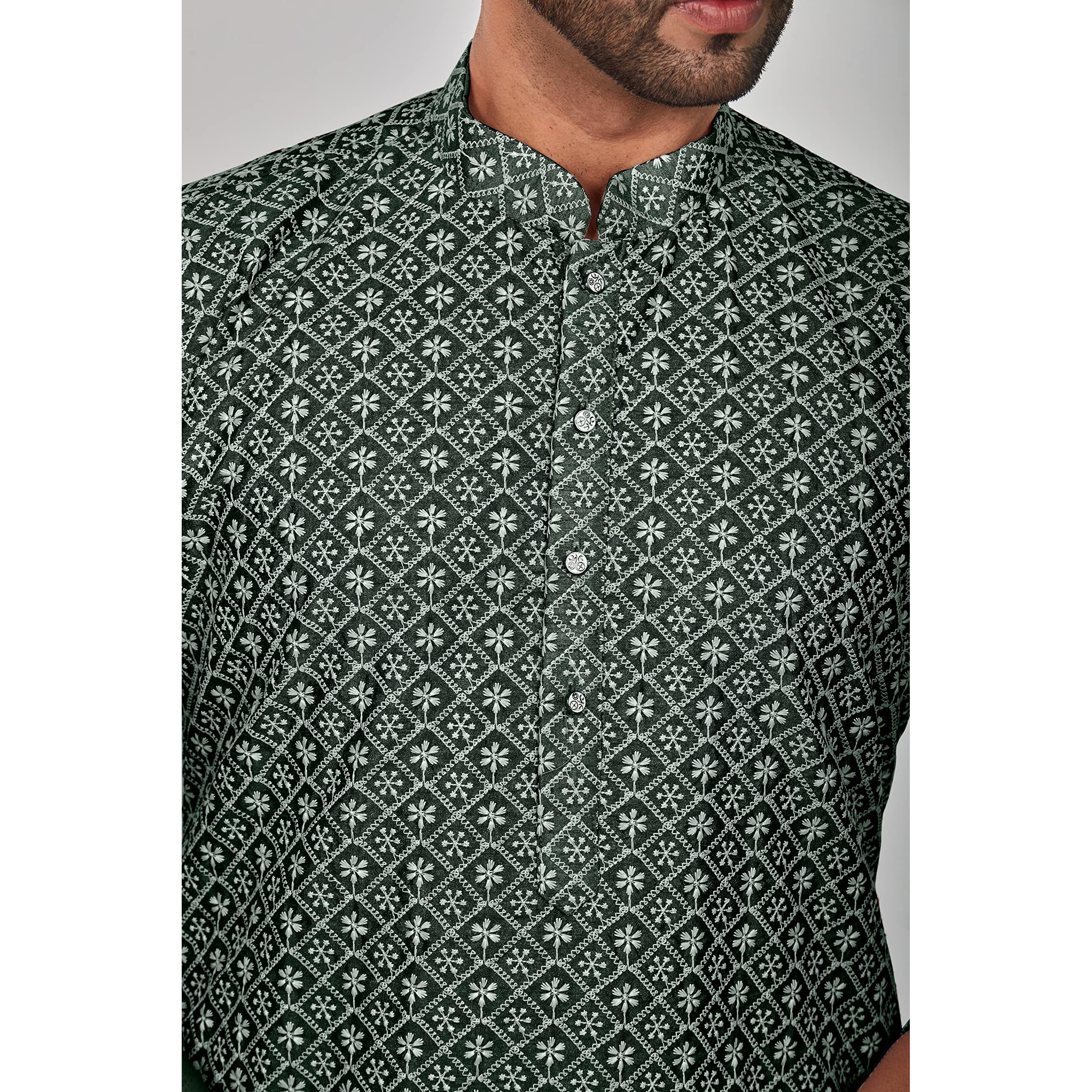 Be Active Geometric Regular Men's Pure Cotton Lucknowi Kurta Pyjama Set, Mehndi Green, Xl (Rfsk0013 14