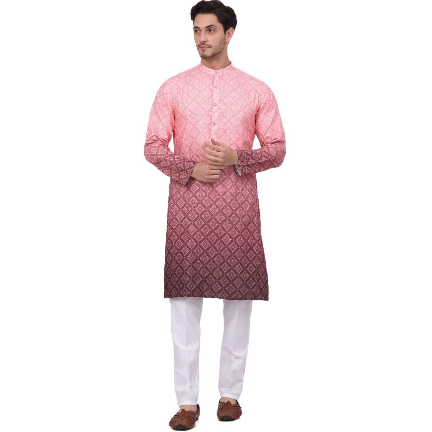 Jompers Men's Coral Ombre Printed Kurta Pyjama Set (Coral, L)
