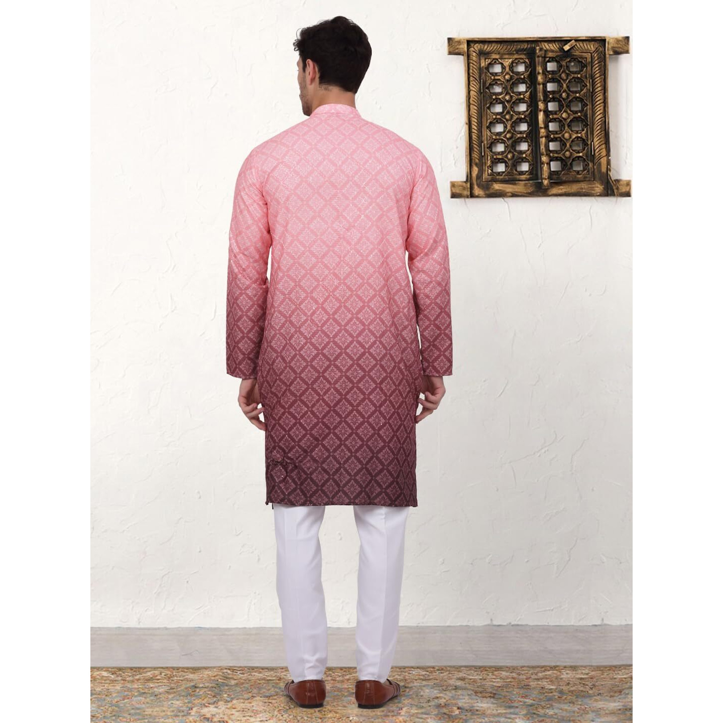 Jompers Men's Coral Ombre Printed Kurta Pyjama Set (Coral, L)