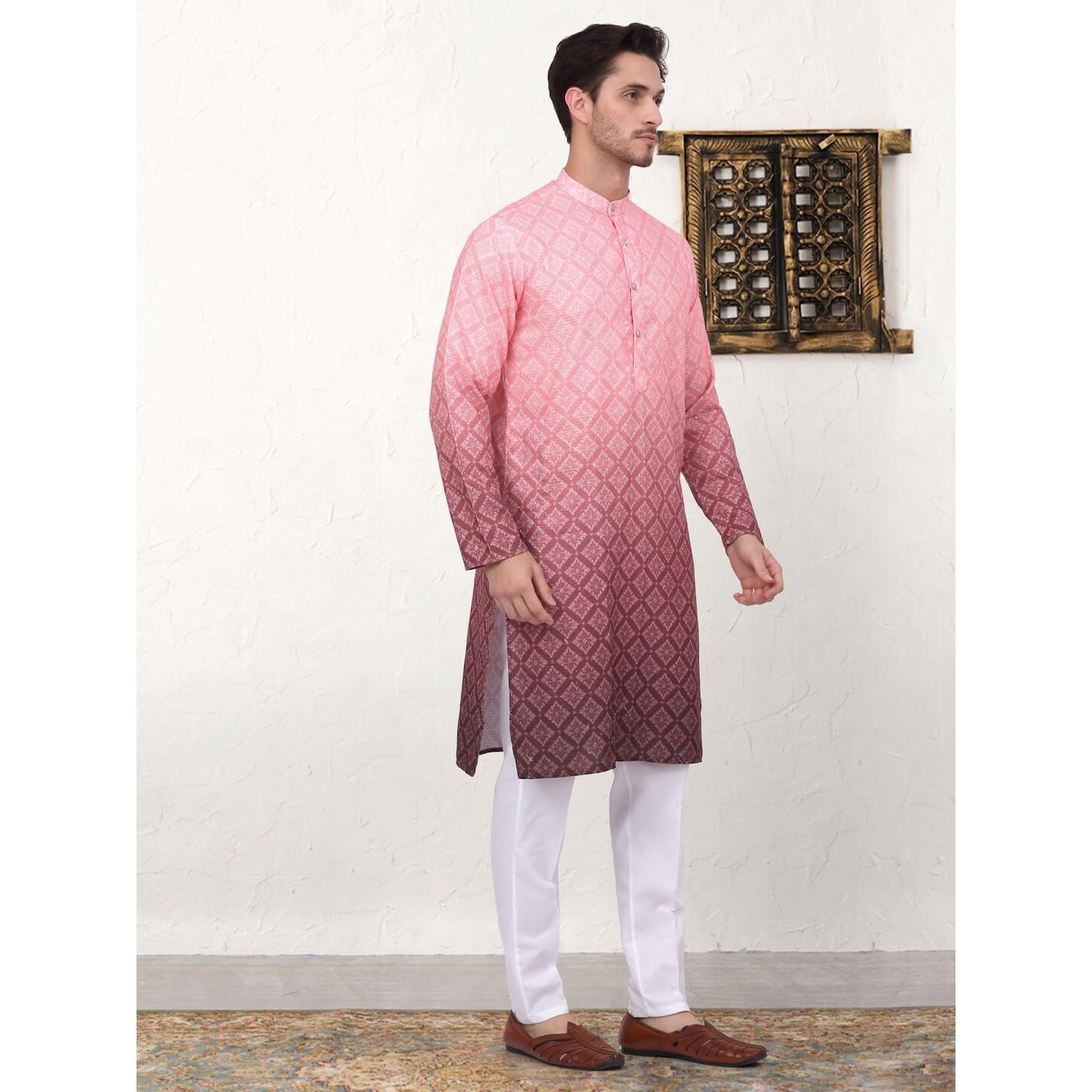 Jompers Men's Coral Ombre Printed Kurta Pyjama Set (Coral, L)