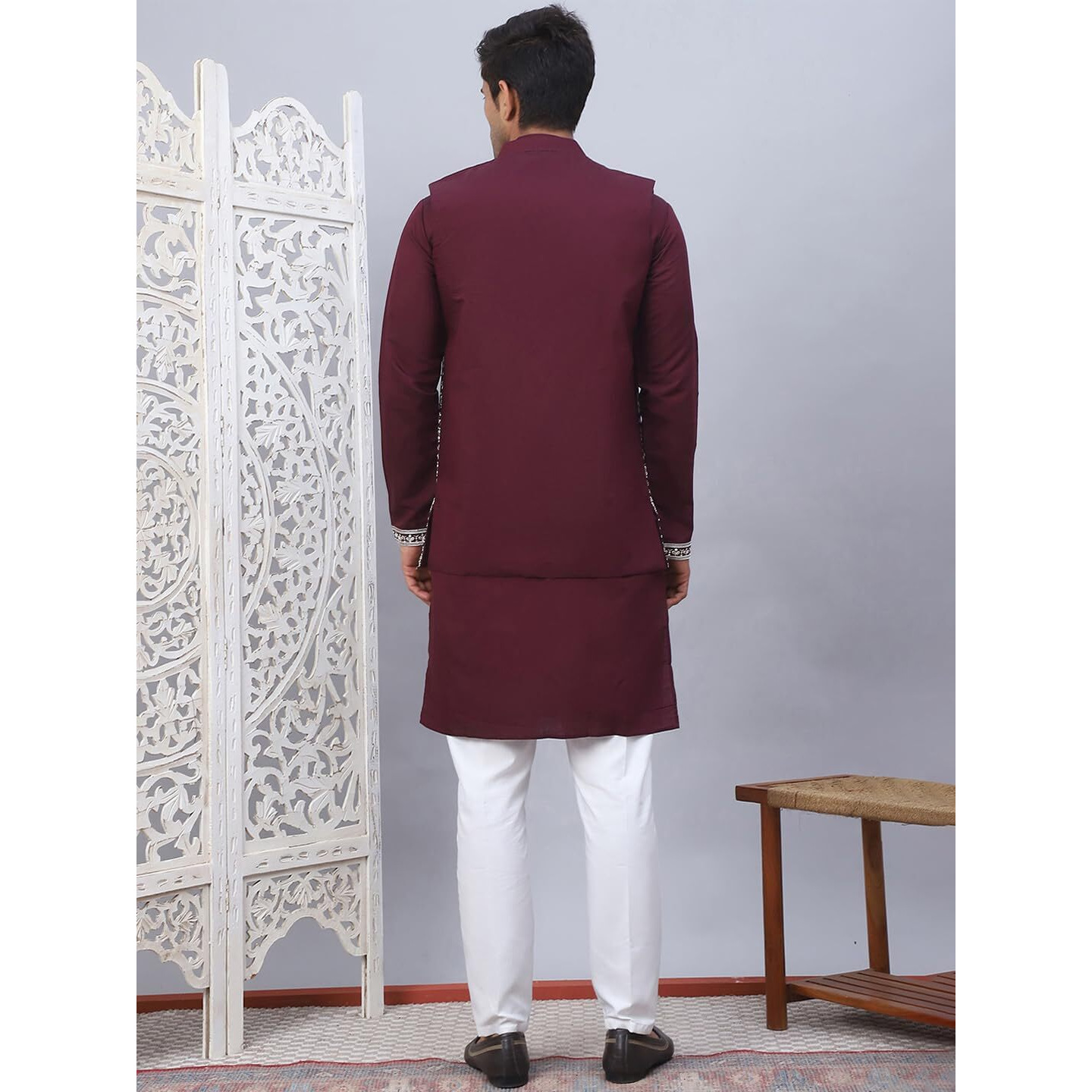 Jompers Purple Men's Embroidered Waistcoat And Kurta Pyjama. (Purple, M)