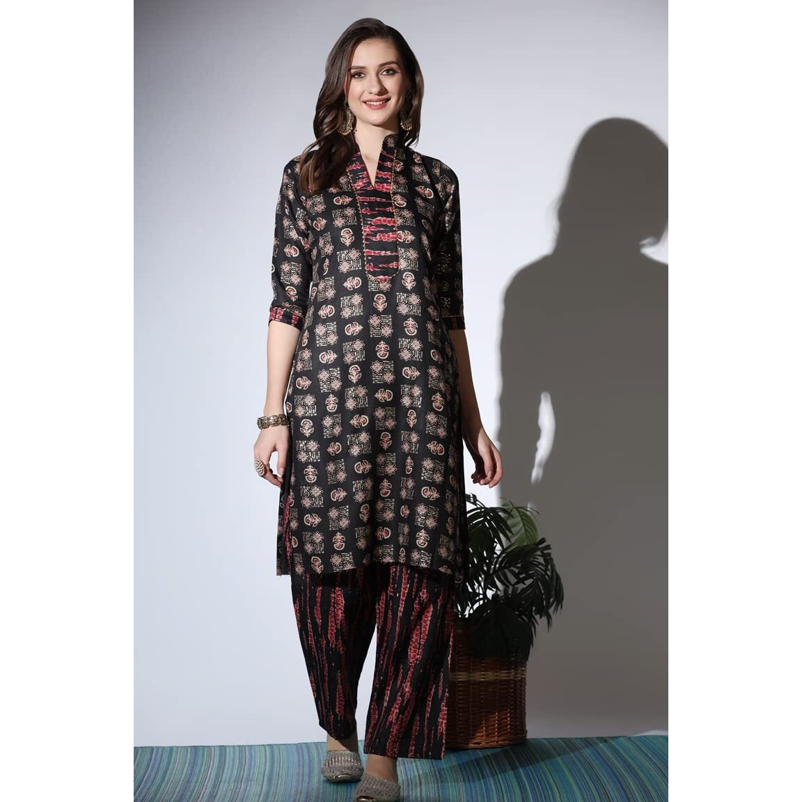Dhruvi Trendz Women Cotton Blend Fancy Kurta Set Regular Fit Printed (Dt-K2703&P125_Black_M)