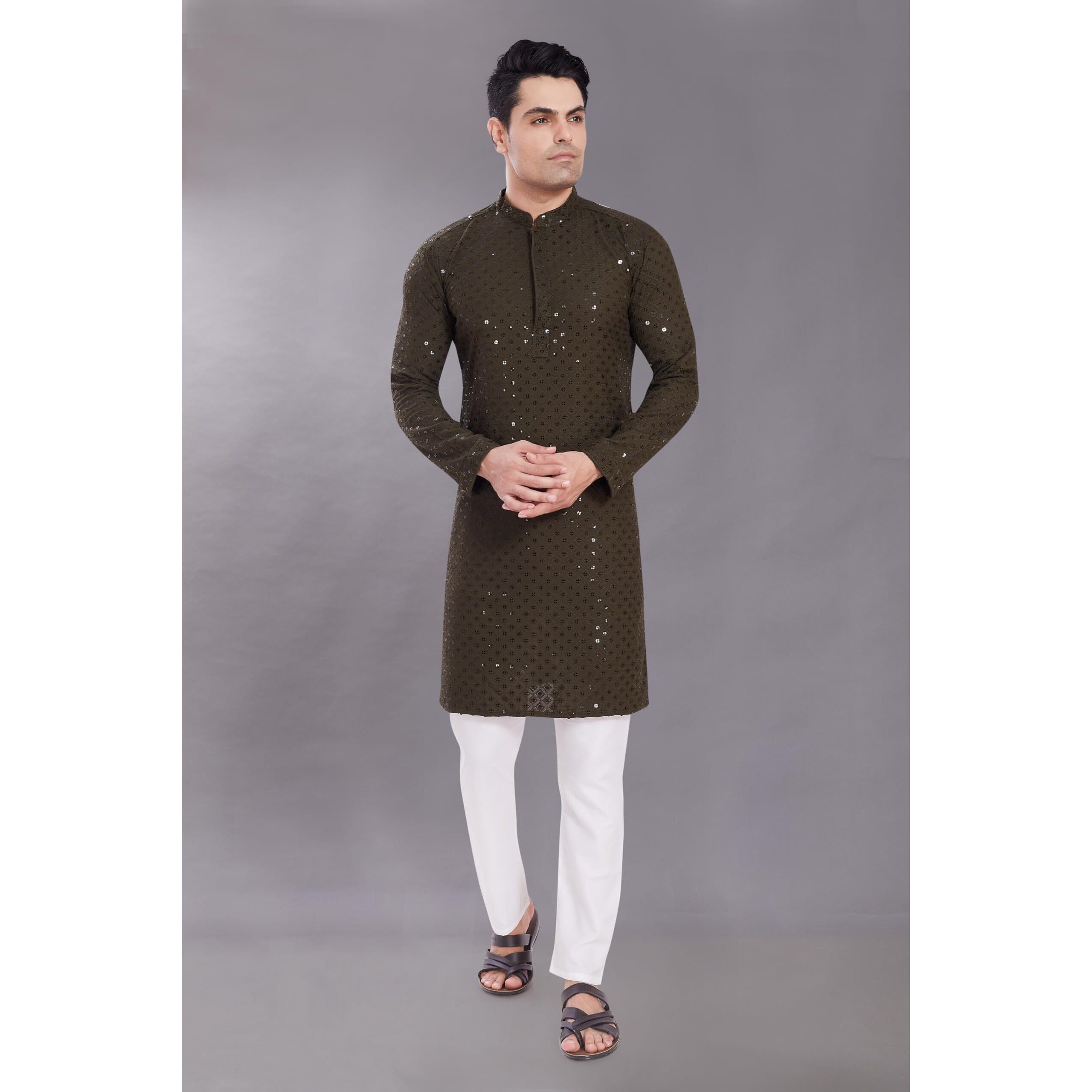 Divisive Men's Sequince Embroidered Cotton Blend Only Slim Fit Kurta (Dkrt524_L_Mehndi)