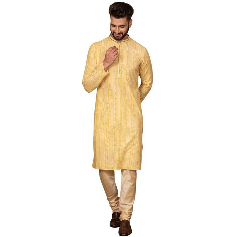 Kisah Men's Kurta Churidar Set, Yellow Cotton Blend, Printed Regular Fit Mandarin Collar Long Sleeves (40)