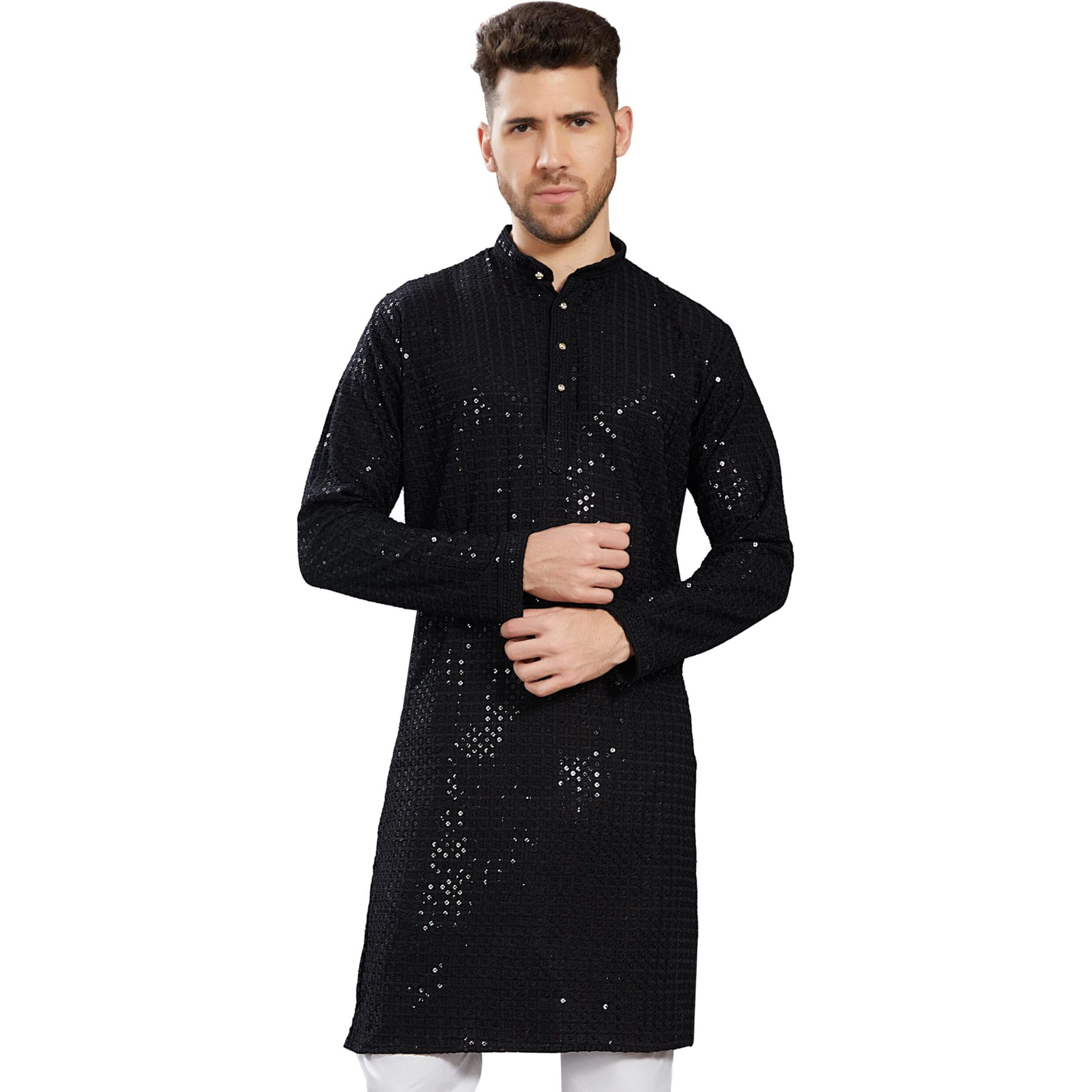Divisive Men's Sequince Embroidered Cotton Blend Only Slim Fit Kurta (Dkrt745_M_Black)