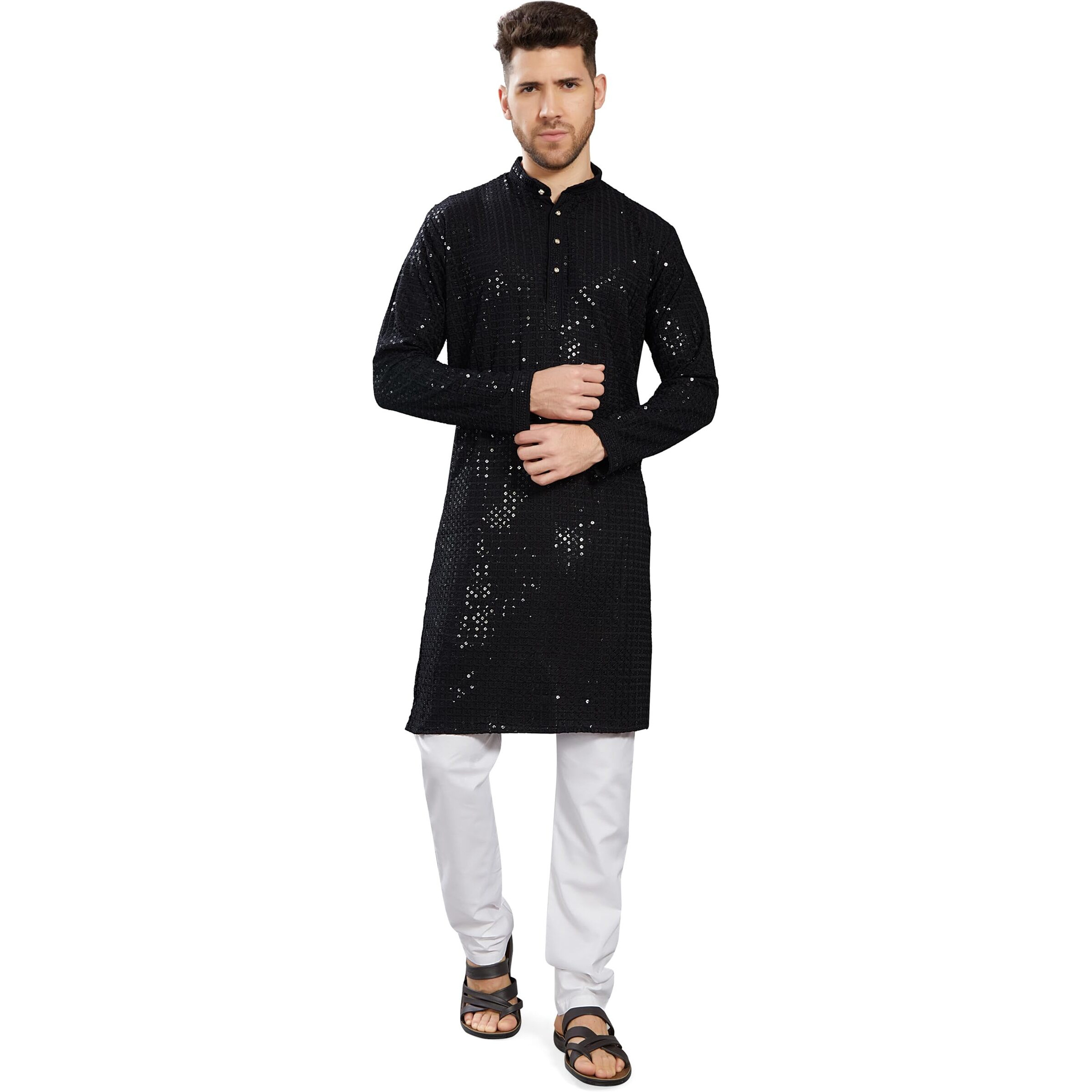 Divisive Men's Sequince Embroidered Cotton Blend Only Slim Fit Kurta (Dkrt745_M_Black)