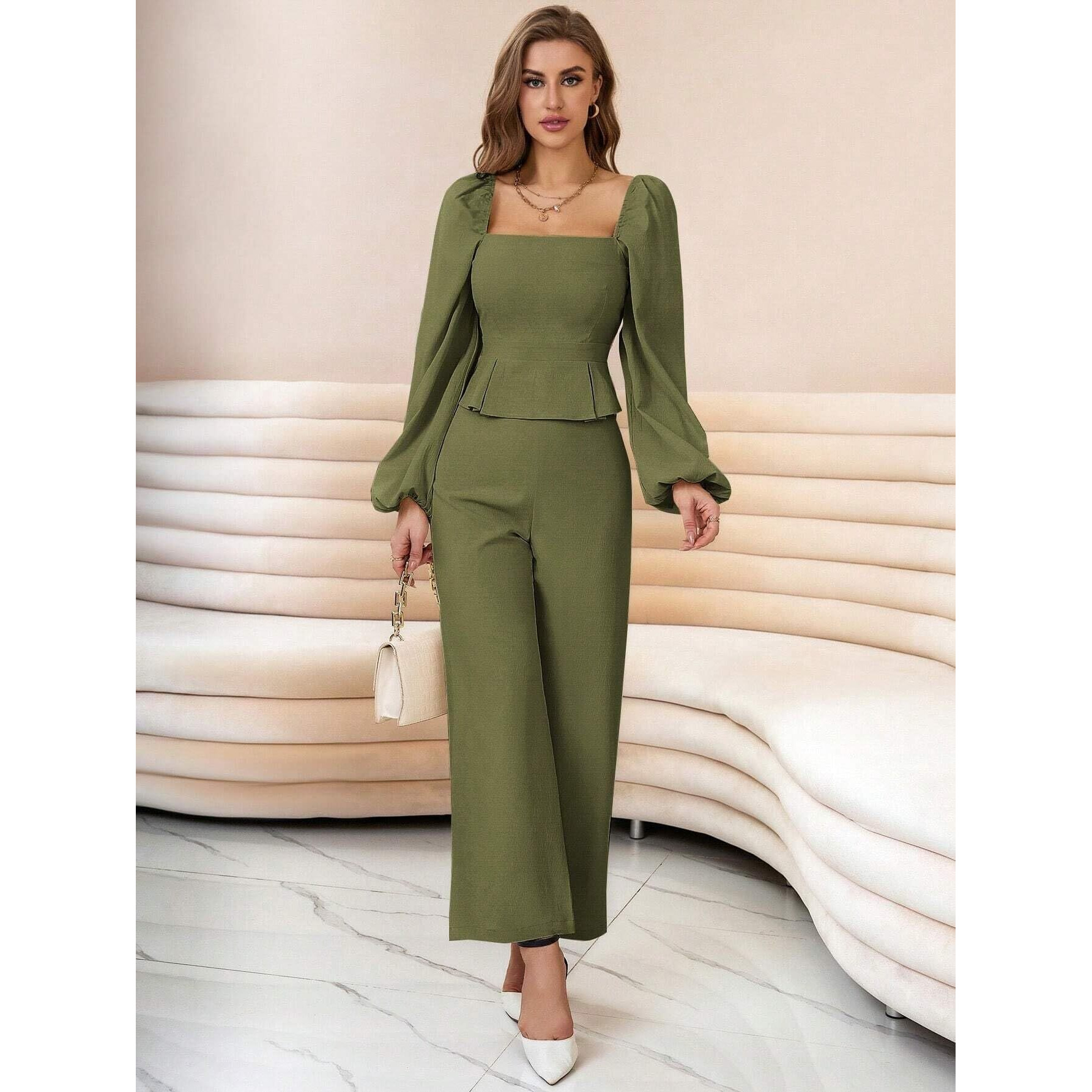 Kotty Women's Solid Relaxed Fit Full Sleeve Co-Ord Top And Trouser Set. Olive Green