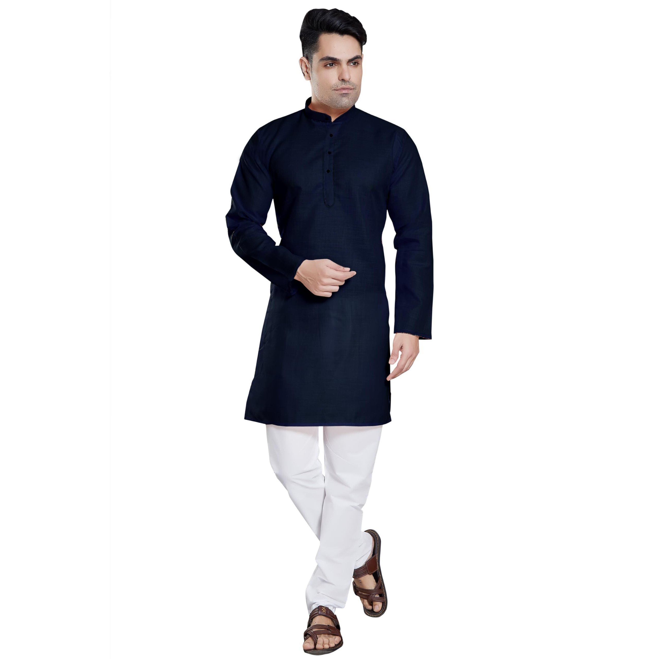 Divisive Men's Plain Cotton Blend Linen Slim Fit Kurta Pyjama Set (Dkrt52_Xxl_Navy Blue)