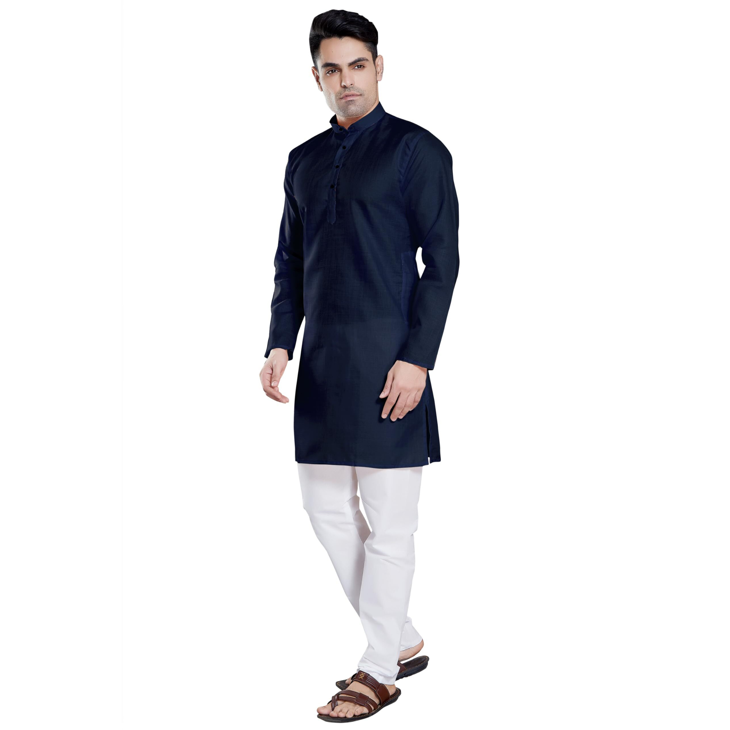 Divisive Men's Plain Cotton Blend Linen Slim Fit Kurta Pyjama Set (Dkrt52_Xxl_Navy Blue)